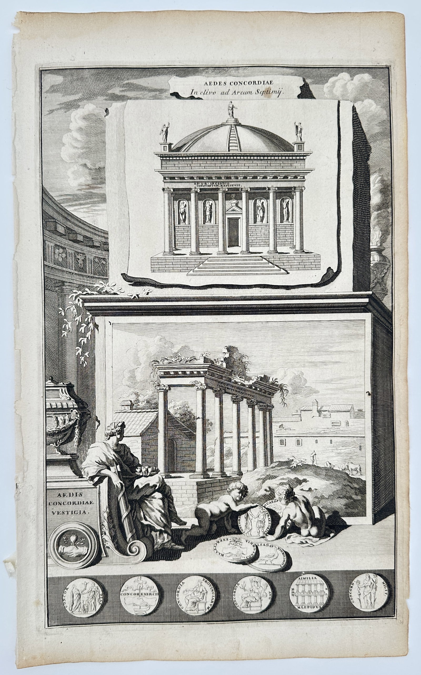 Jan Goeree (1670–1731) – Temple of Concord (Aedes Concordiae), Rome: This complex architectural illustration features a multi-tiered composition centered on the Temple of Concord (Aedes Concordiae).The work serves as an antiquarian study, blending precise architectural