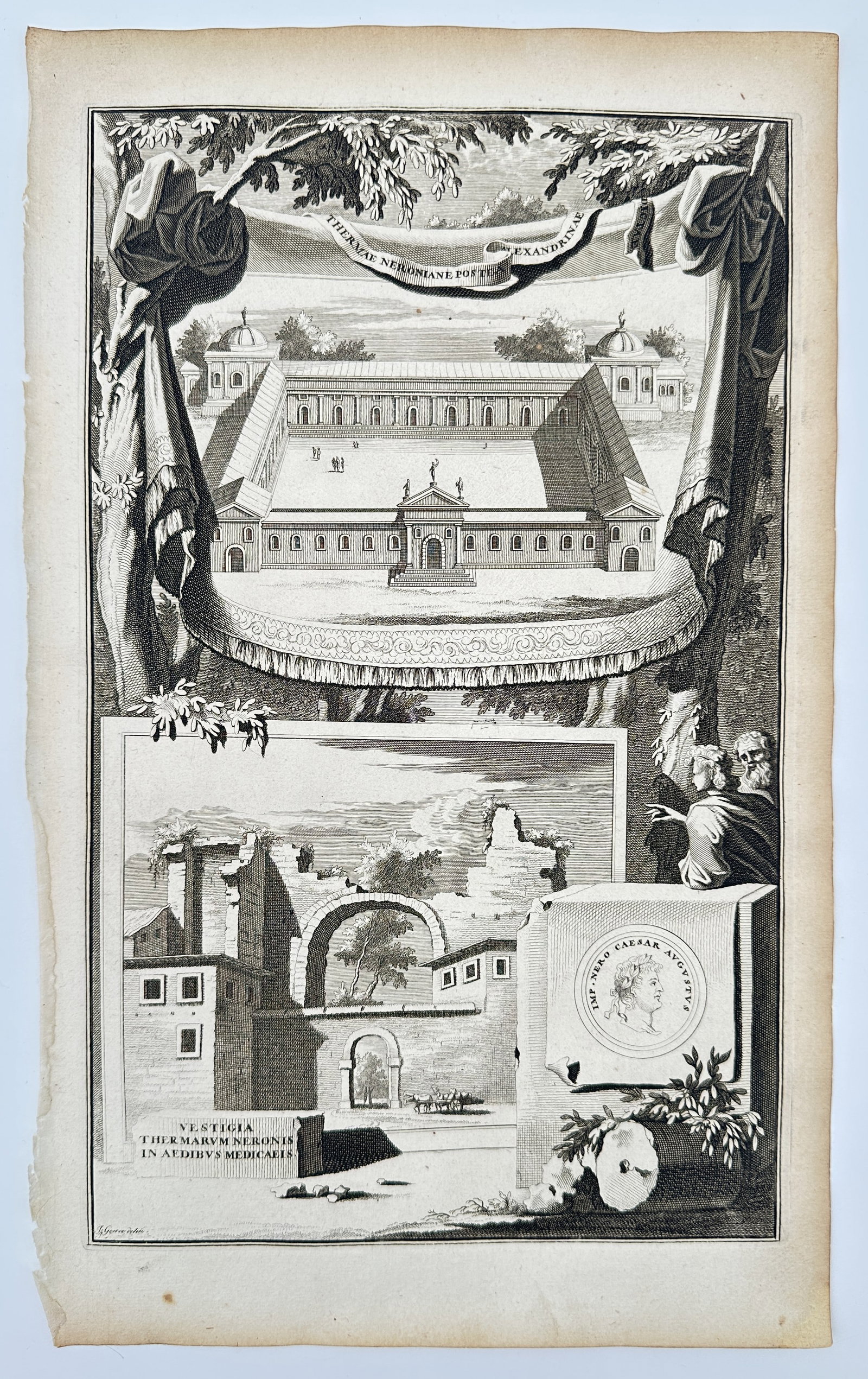 Jan Goeree (1670–1731) – Baths of Nero (Thermae Neronianae), Rome: This architectural illustration features a detailed view of Trajan's Column as it appeared within its urban Roman context during the early 18th century. The upper register presents the monumental colu