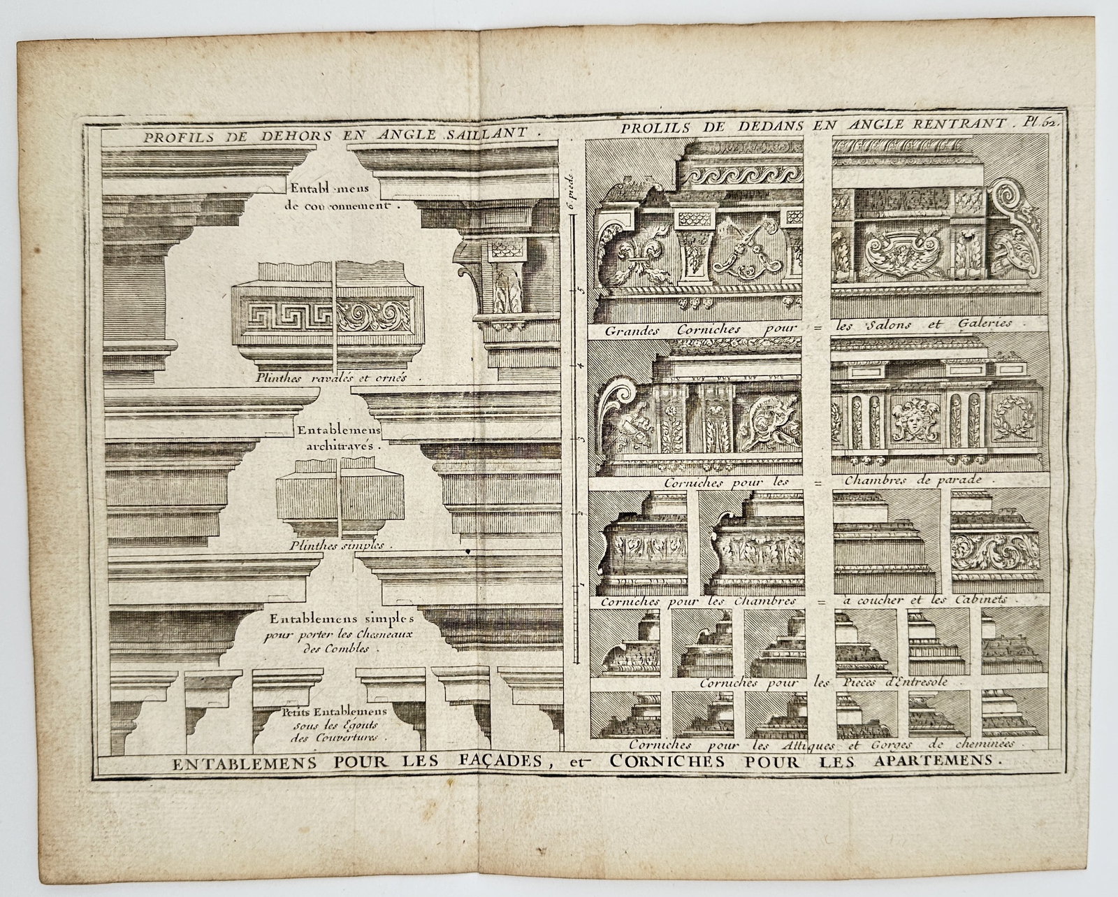 Augustin-Charles d'Aviler (1653–1701) – Architectural Illustrations of Entablatures: This technical illustration displays a detailed comparative study of architectural entablatures and cornices, organized into two distinct sections. The left side, titled "Profils de Dehors en Angle Sa
