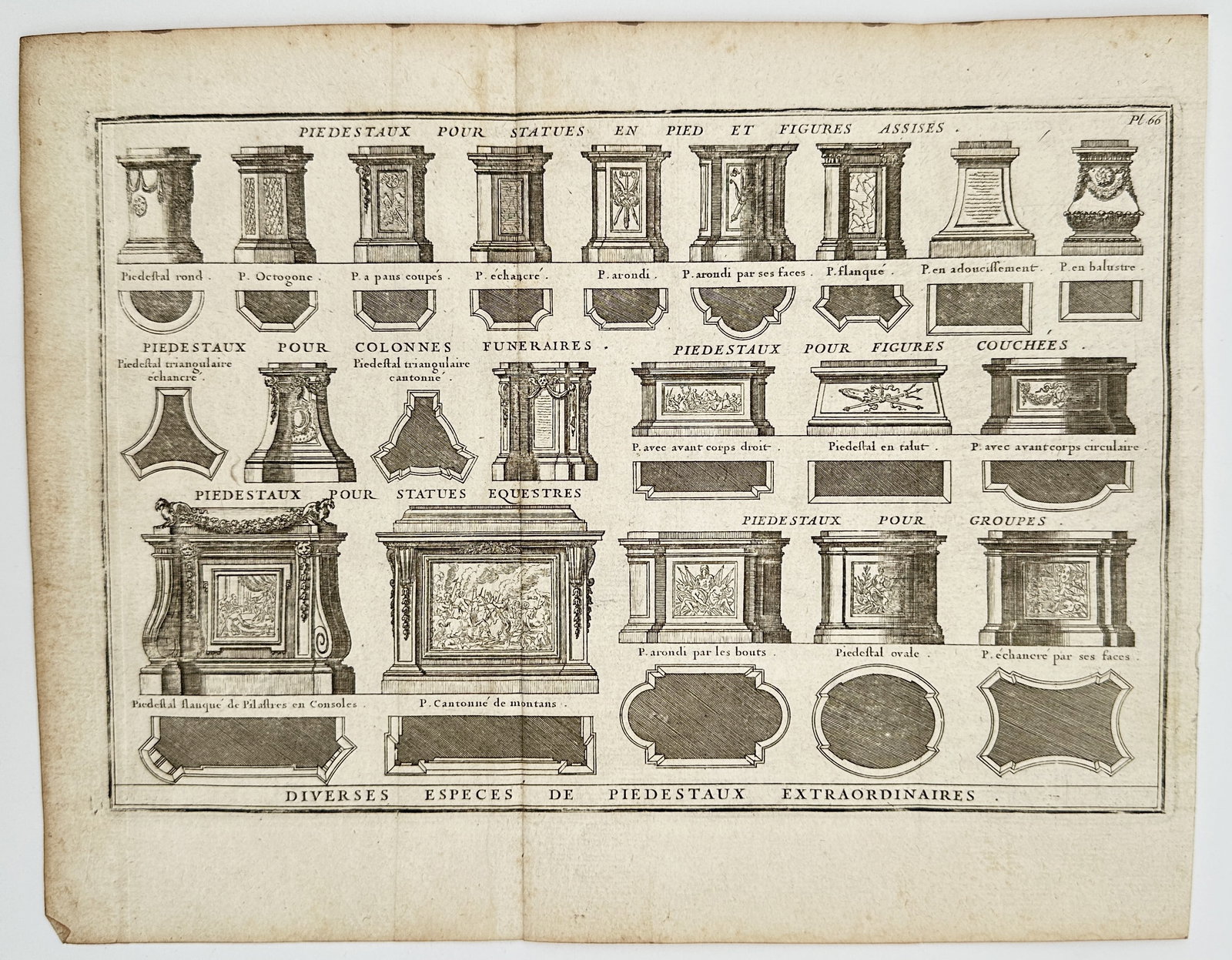 Augustin-Charles d'Aviler (1653–1701) – Architectural Study of Extraordinary Pedestals: This technical architectural engraving presents a systematic catalog of various pedestal designs, categorized by their specific structural and decorative functions. The top register illustrates pedest