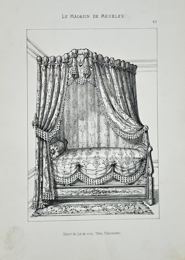 Victor Quetin (Active 19th Century) – Design for a Decorated Corner Bed (Lit de Coin): This engraving, titled from The Furniture Magazine, illustrates a detailed design for a highly decorated corner bed, or lit de coin, featuring rich, patterned drapery with elaborate valances and tasse