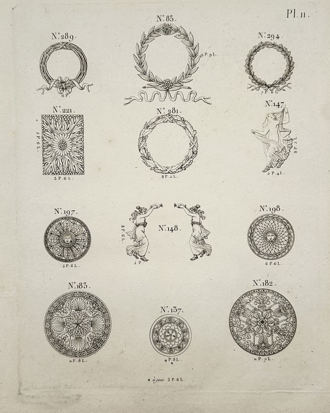Joseph Beunat – Plate of Neoclassical Wreaths and Ornamental Medallion Designs – Engraving: This engraving plate illustrates a collection of thirteen individual Neoclassical ornamental designs, intended for use in architectural decoration, plasterwork, or decorative arts. The designs feature