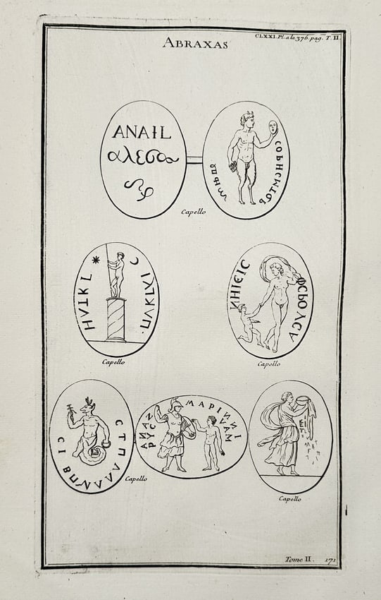 Bernard de Montfaucon – Abraxas Gems with Inscriptions from the Capello Collection: This copperplate engraving displays various Abraxas gems containing Greek inscriptions and symbolic figures, such as deities and astrological signs, from the collection of Senator Antonio Capello. The