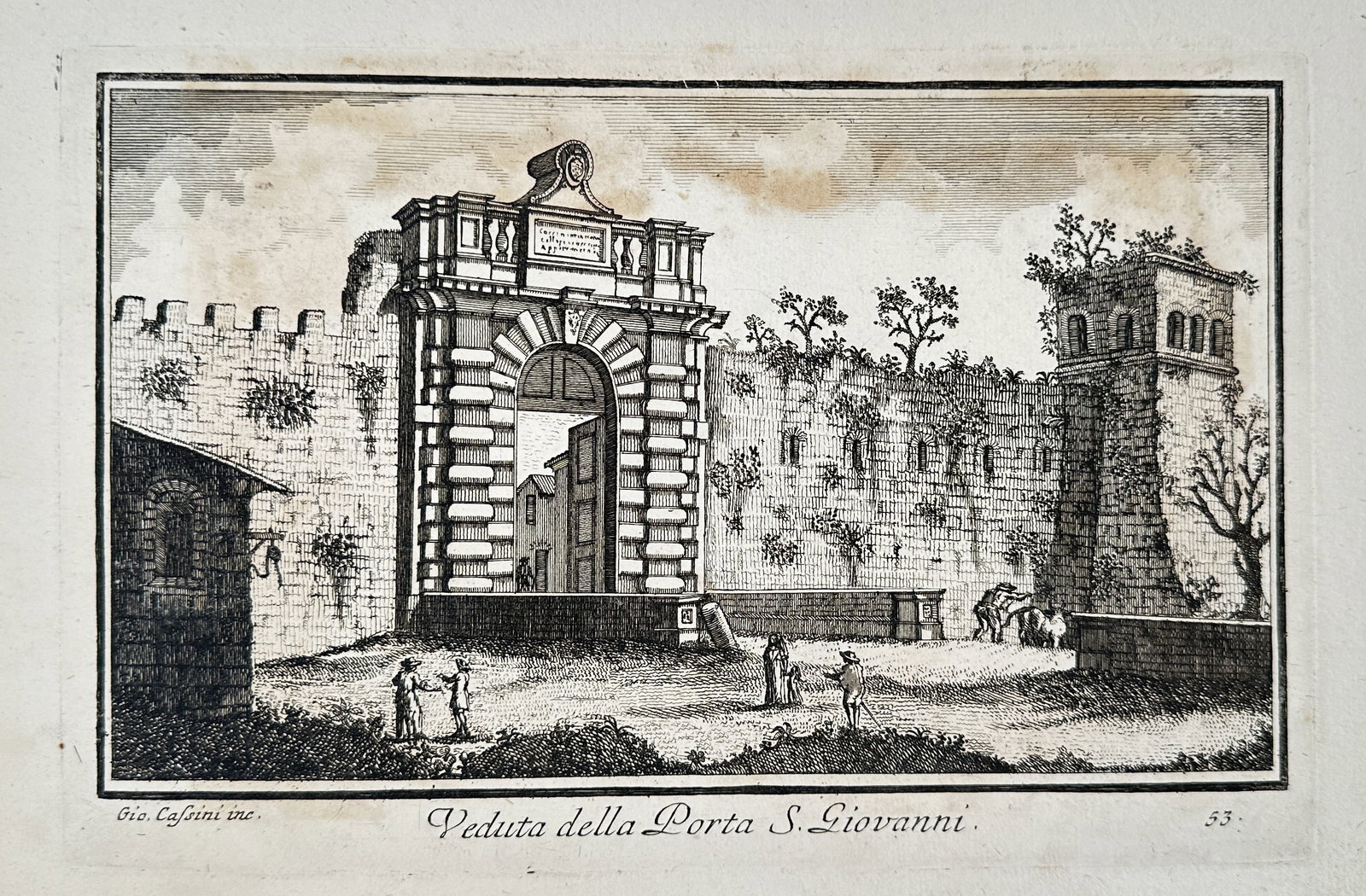 Giovanni Maria Cassini (1745–1824) – View of the Porta San Giovanni: This topographical engraving depicts the Porta San Giovanni, one of the grand gates in the Aurelian Walls of Rome. The print illustrates the gate's majestic, rusticated stone archway, which was commis