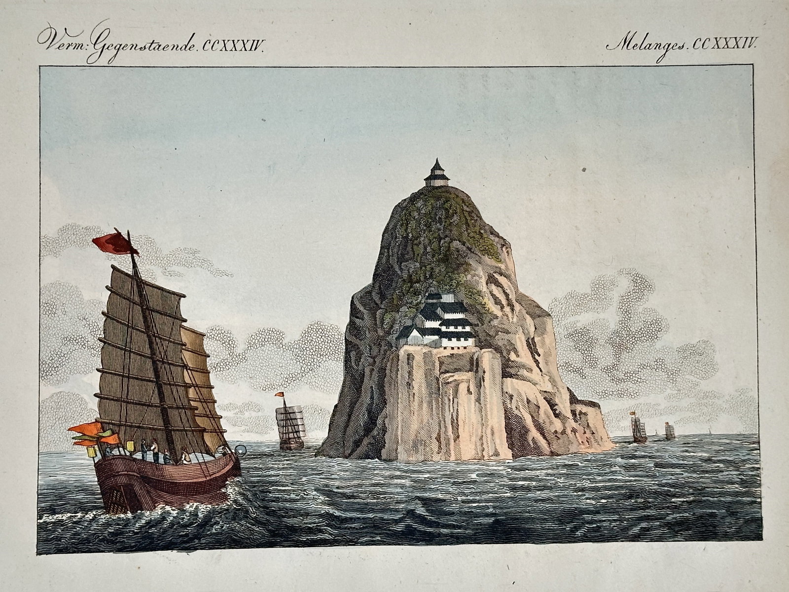 Friedrich Justin Bertuch (1747–1822) – Illustration of a Coastal Scene with a Pagoda: This hand-colored engraving depicts a coastal landscape featuring a prominent rocky islet with a pagoda and traditional structures, accompanied by several sailing vessels including a large Chinese jun