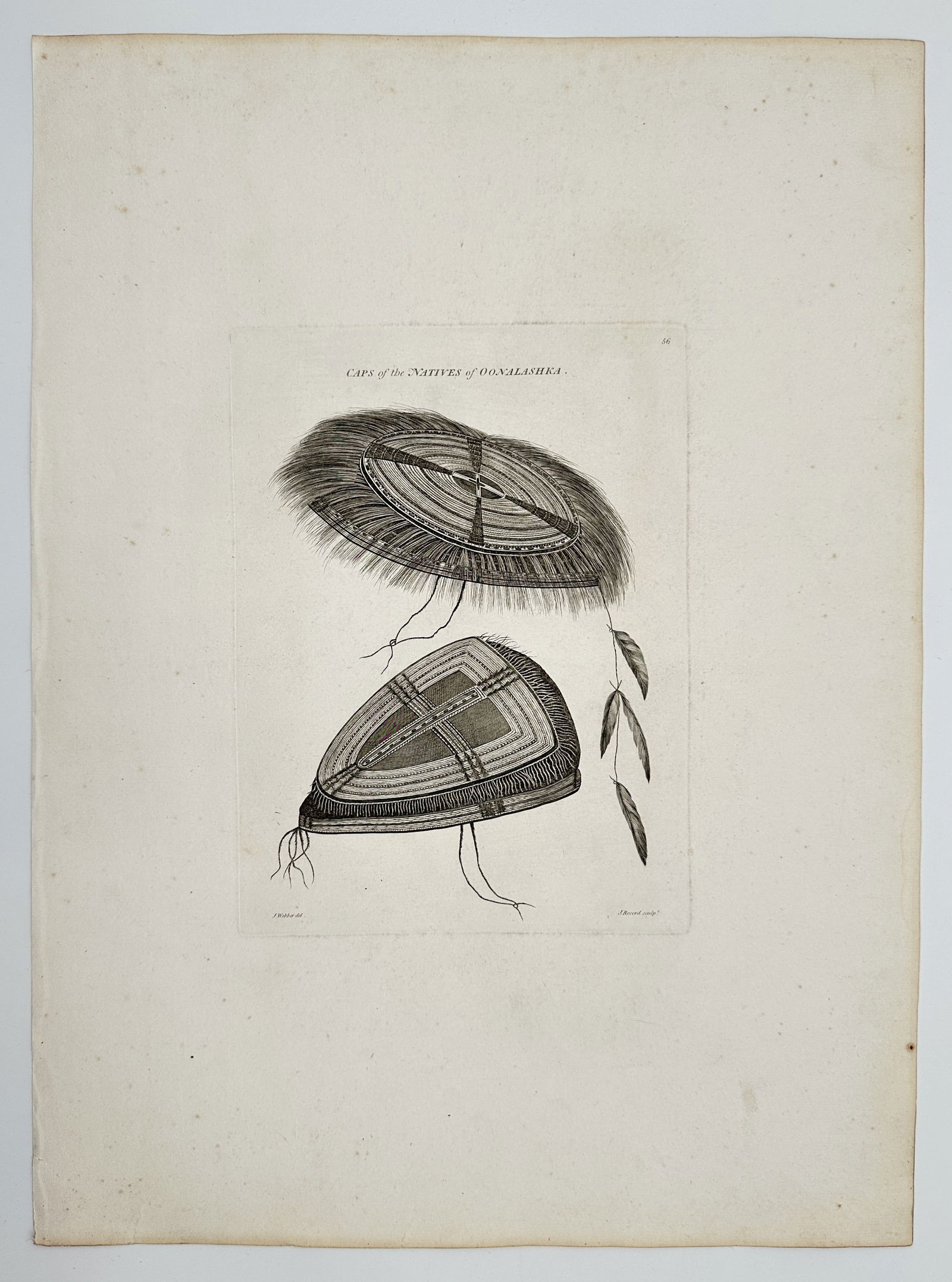 John Webber (1751–1793) – Caps of the Natives of Oonalashka – Copperplate: This ethnographic engraving illustrates two distinct head coverings worn by the indigenous inhabitants of Oonalashka (modern-day Unalaska in the Aleutian Islands), as documented during Captain James C