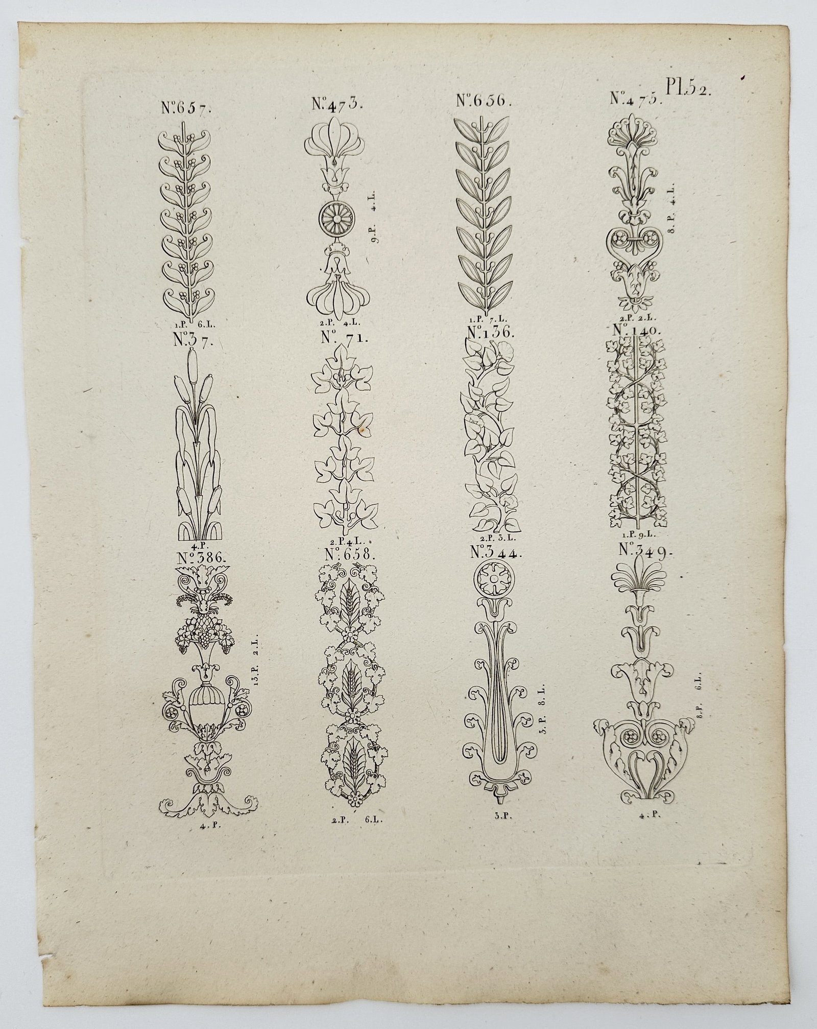 Jean-Baptiste Échantillon (Active 18th Century) – Study of Ornamental Borders: This decorative engraving presents a scientific and artistic catalog of twelve distinct ornamental border designs arranged in four vertical columns. The patterns range from simple foliate and laurel l