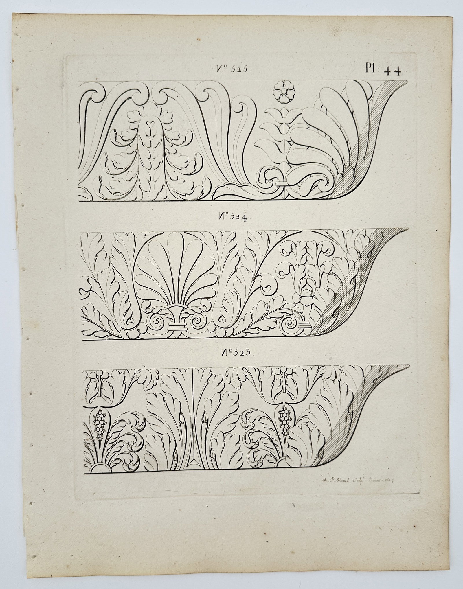 Jean-Baptiste Échantillon (Active 18th Century) – Study of Foliate and Architectural: This decorative engraving presents a scientific and artistic catalog of twelve distinct ornamental border designs arranged in four vertical columns. The patterns range from simple foliate and laurel l