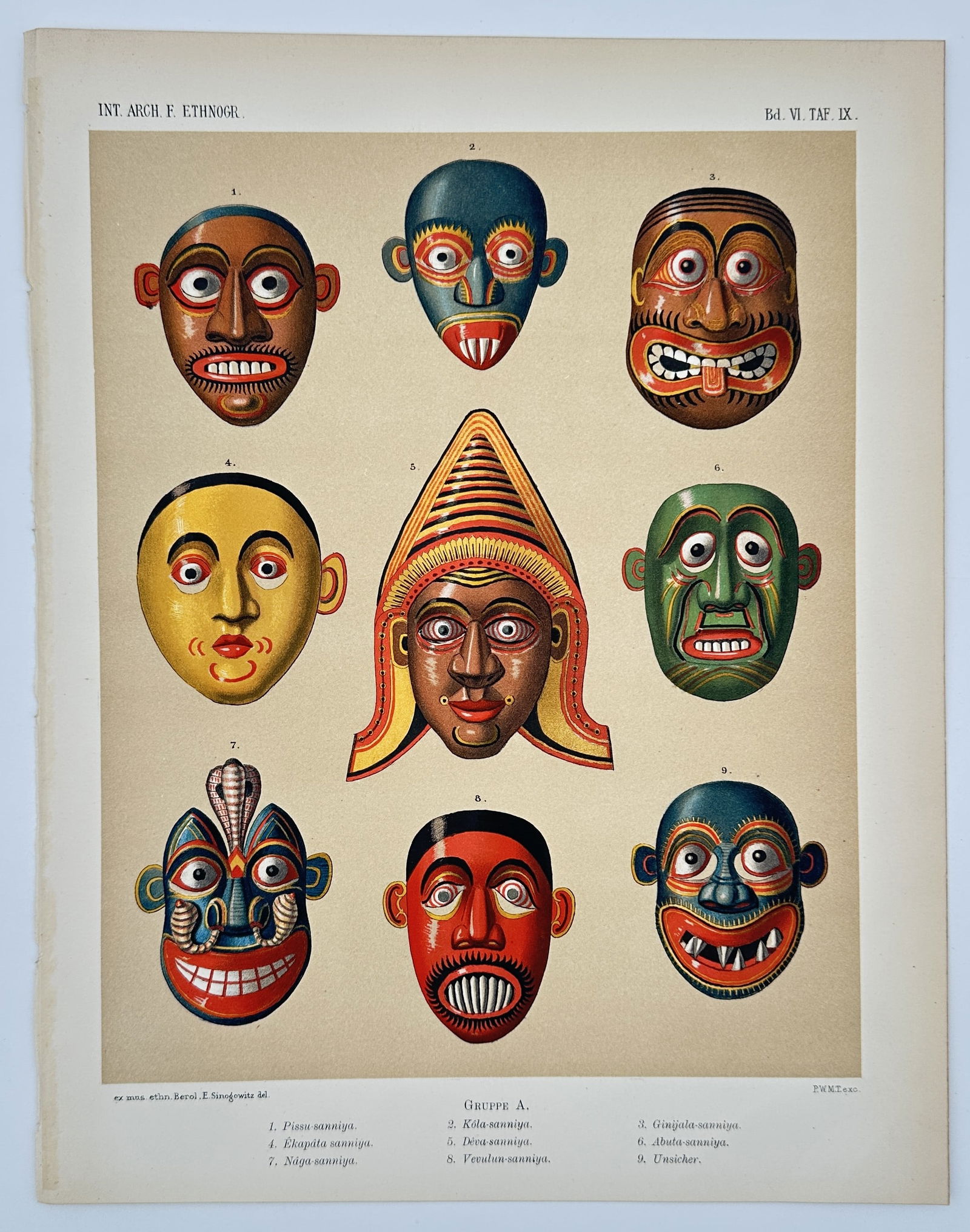 Pieter Willem Marinus Trap (1821–1905) – Ethnographic Study of Ceremonial Masks: This ethnographic plate presents nine distinct ceremonial masks from Ceylon (modern-day Sri Lanka), systematically arranged and numbered. The collection includes a variety of traditional Sanni and Kol