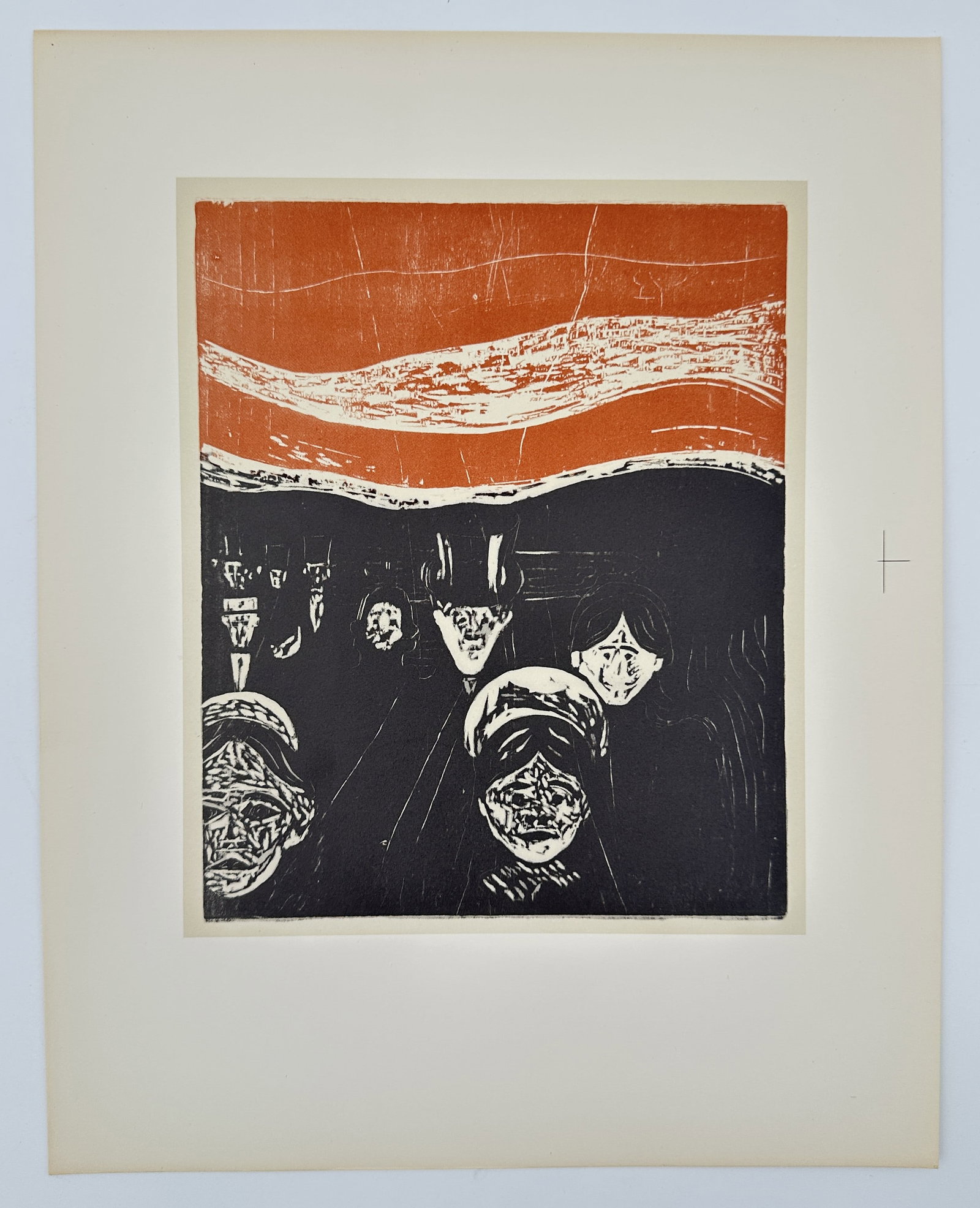 Edvard Munch (1863–1944) – Anxiety (Angst) – Lithograph (20th Century): This striking two-color lithograph, titled Anxiety (Angst), is one of Edvard Munch's most famous and psychologically charged compositions. The image depicts a mass of people moving forward along a str