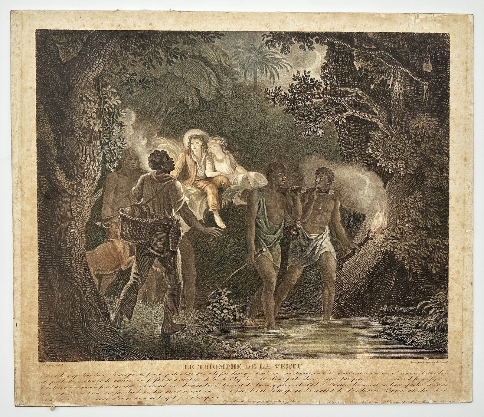 Jacques-Henri Bernardin de Saint-Pierre (1737–1814) – The Triumph of Virtue: This narrative engraving illustrates a dramatic scene from the celebrated novel Paul et Virginie by Jacques-Henri Bernardin de Saint-Pierre. The composition depicts a nighttime passage through a tropi