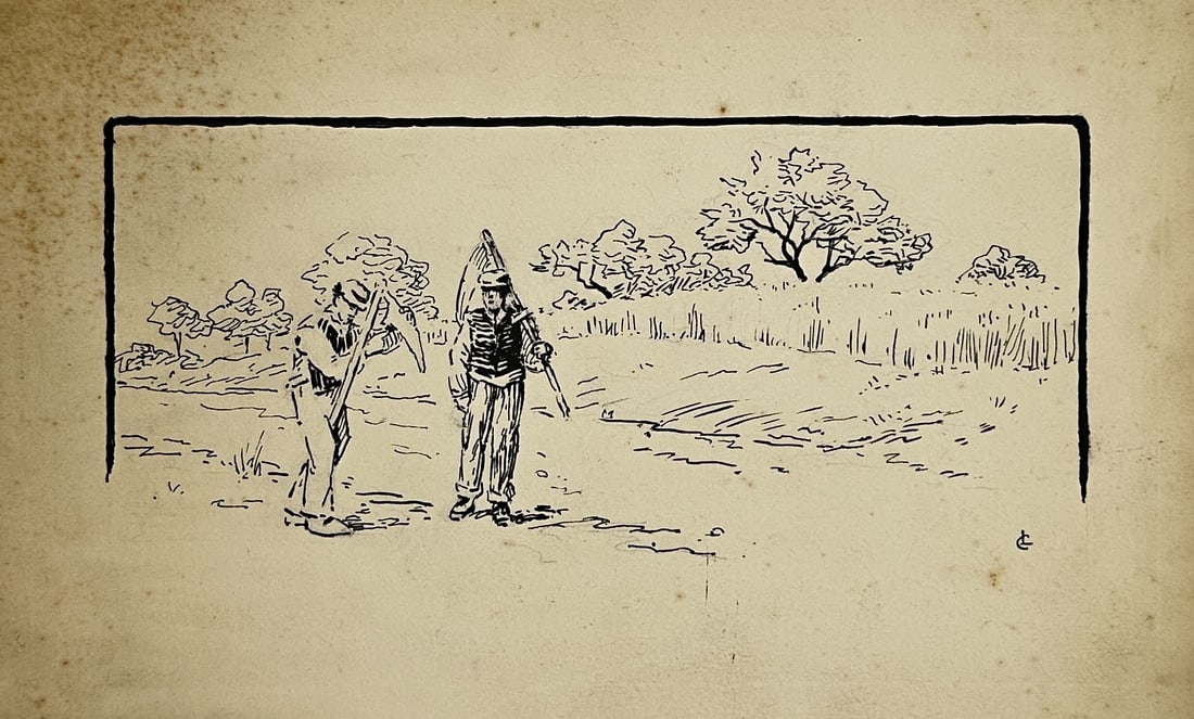 Max Ernst (1891–1976) – La Ballade du Soldat (The Soldier's Ballad) – Lithograph: This minimalist graphic work illustrates a scene of rural labor, featuring two figures in a sparse field. One man is shown in profile, hunched forward as he works the soil with a long-handled tool, wh