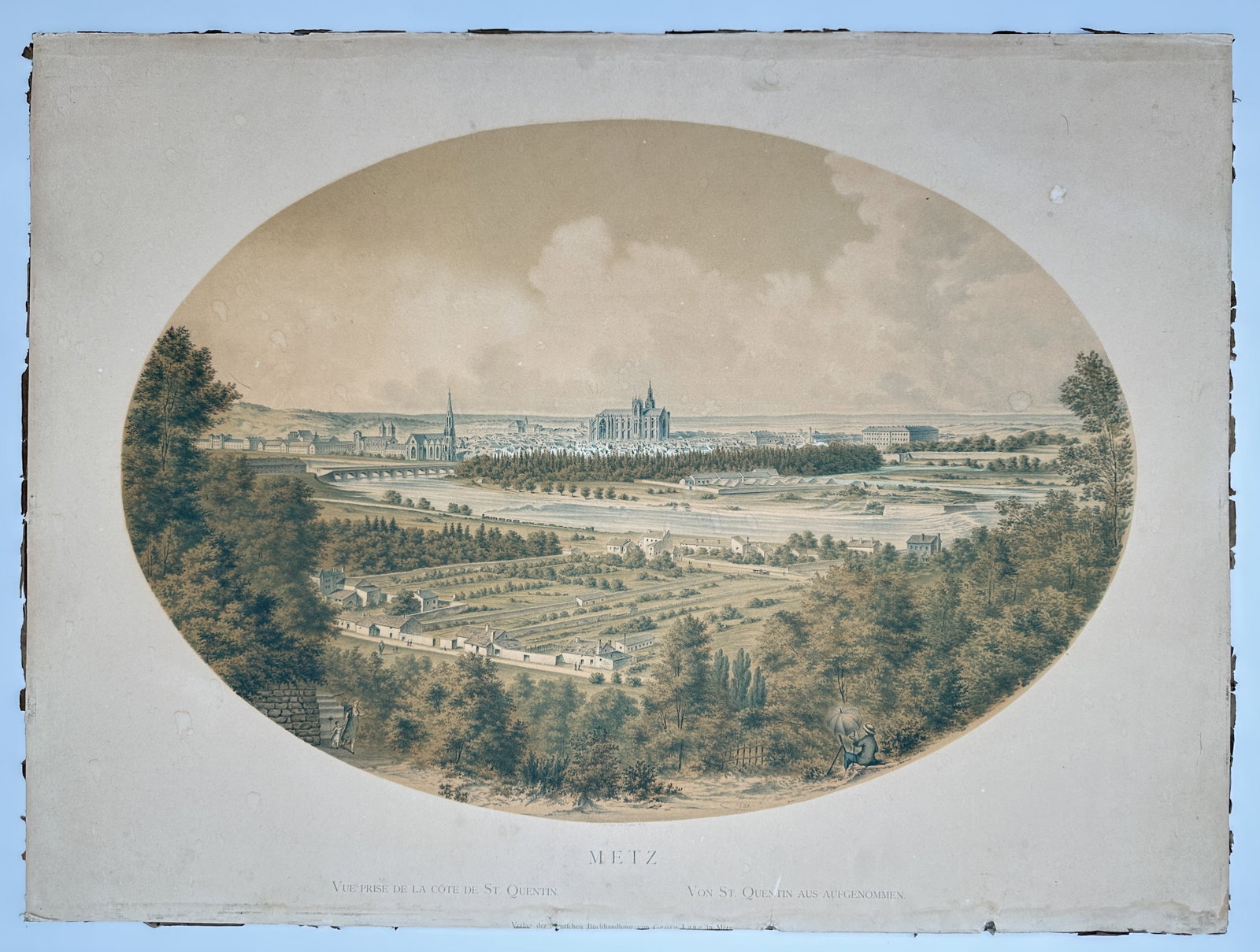 Hubert Clerget (1818–1899) – View of the Watering Place at Marly-le-Roi (Abreuvoir): This fine architectural etching presents a detailed view of the famous watering place (abreuvoir) at the Chateau de Marly-le-Roi. The composition captures the weathered stone masonry of the terraced b