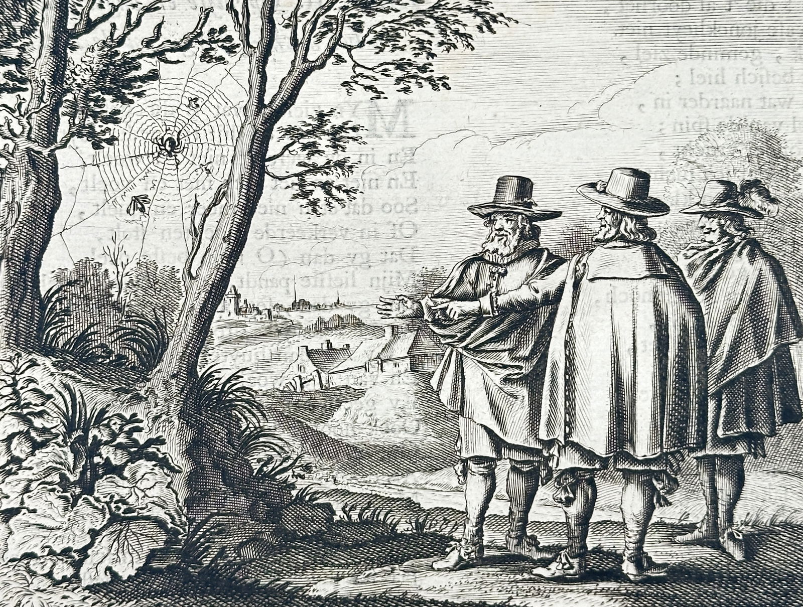 Jacob Cats (1577–1660) – Three Men Observing a Spider Web – Etching (1700) (1 of 3)