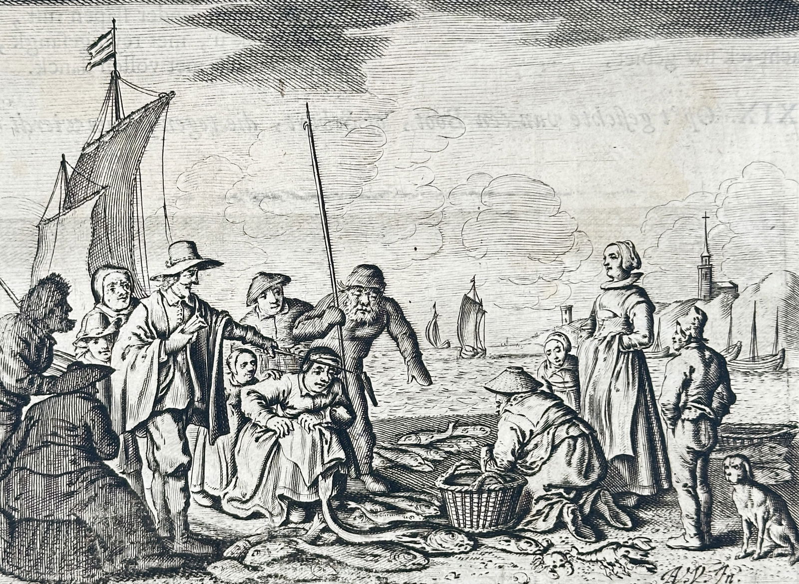 Jacob Cats (1577–1660) – The Fish Auction at Scheveningen – Etching (1700) (1 of 3)