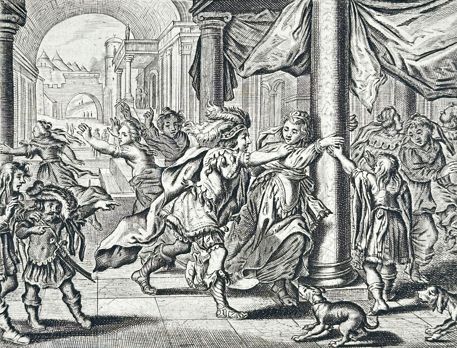 Jacob Cats (1577–1660) – The Maidens Choice – Etching (1700): This etching depicts a dramatic scene within a classical architectural setting where several elegantly dressed figures, including a woman in a flowing gown and men in seventeenth-century attire, inter