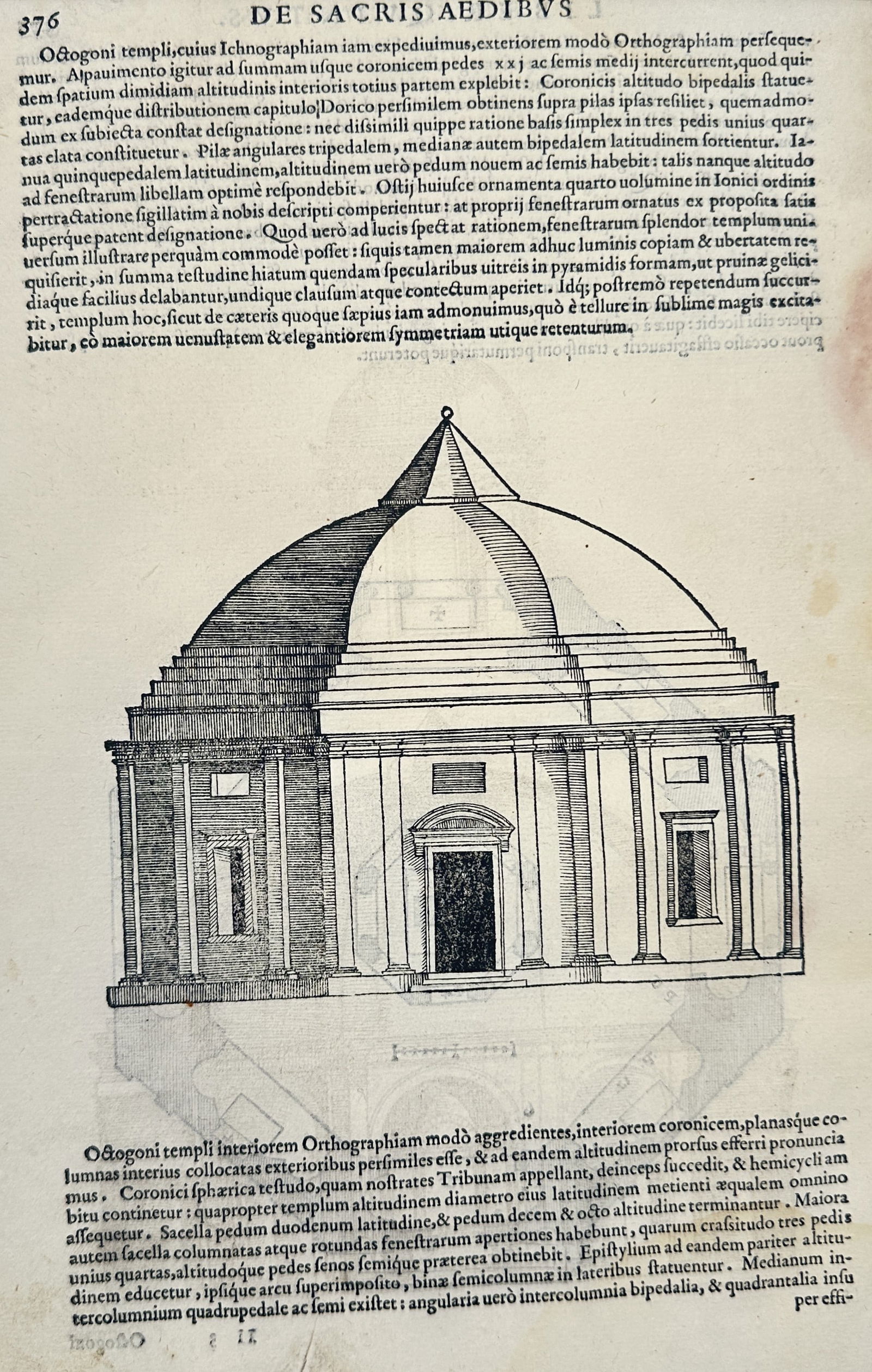 Sebastiano Serlio (1475–1554) – Architectural Elevation of an Octagonal Temple – Woodcut (1 of 2)