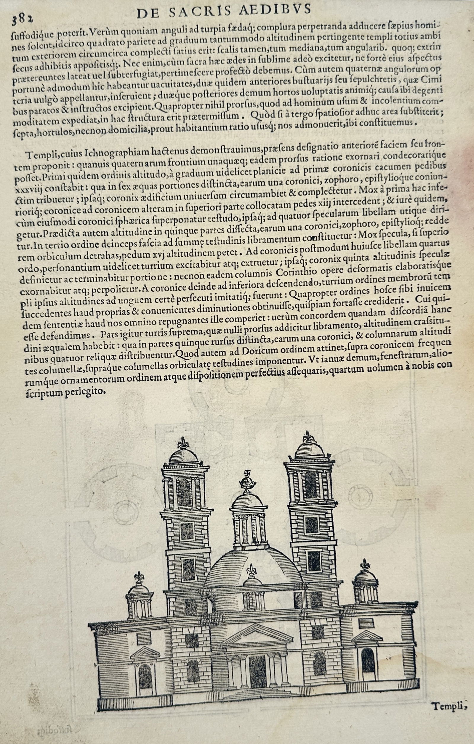 Sebastiano Serlio (1475–1554) – Architectural Elevation of a Temple with Twin Towers – Woodcut (1 of 2)