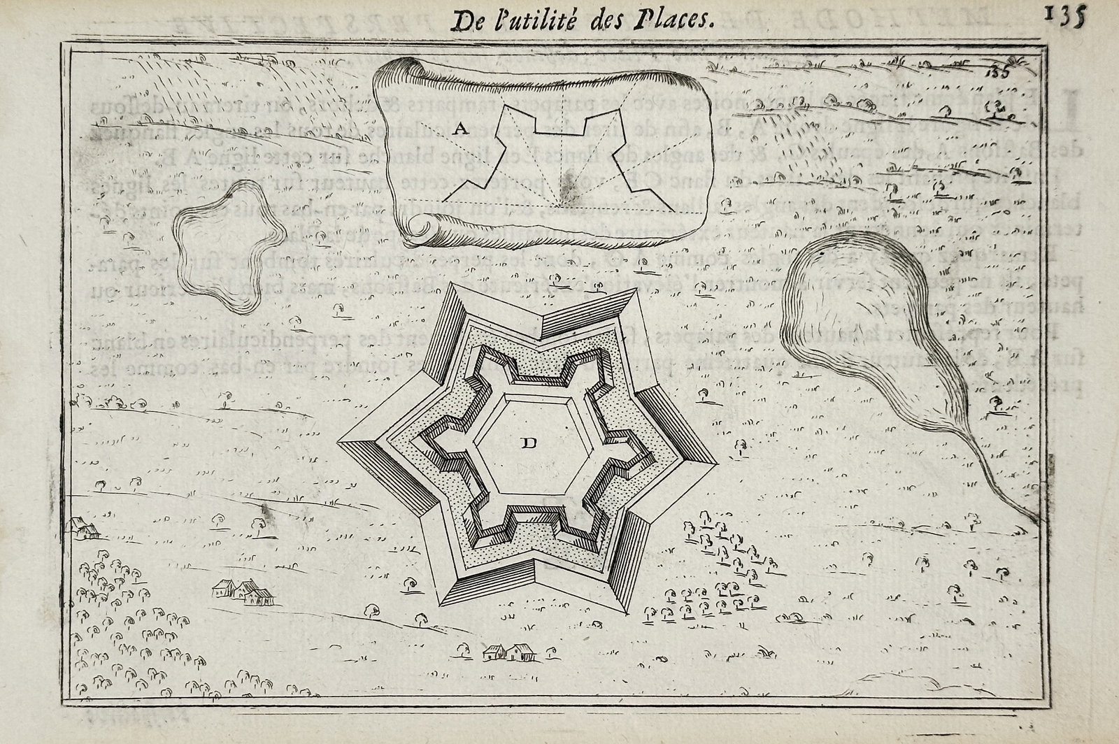 Allain Manesson Mallet (1630–1706) – Plan of a Star Fort – Engraving (1684): This engraving depicts a geometric plan of a star fort, known as a trace italienne, situated within a topographical landscape. The illustration features a central hexagonal fortification labeled D, su