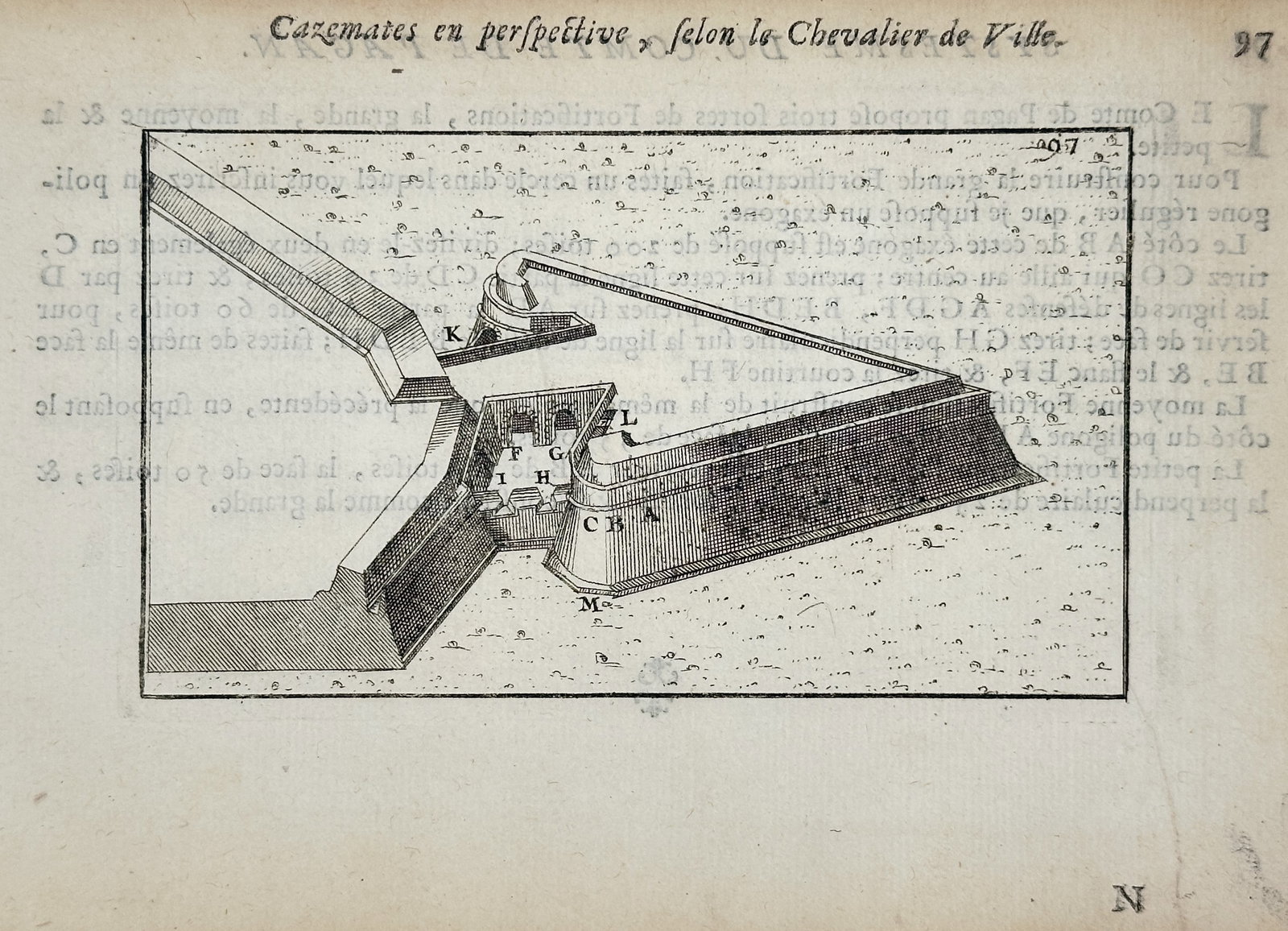 Allain Manesson Mallet (1630–1706) – Perspective of Casemates – Engraving (1684): This engraving depicts a perspective view of casemates, which are fortified gun emplacements or armored structures from which guns are fired, designed according to the principles of the Chevalier de V