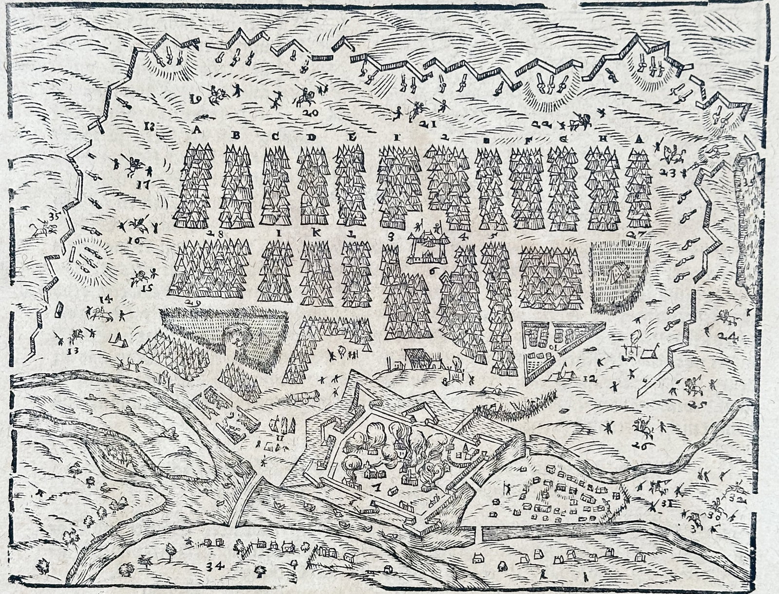 Sebastian Münster – View and Military Formation of the Imperial Army – Woodcut (1544): This woodcut illustration depicts a topographical view and military formation of the imperial army camp at Raab, known today as Gy?r in Hungary, during the conflict with the Ottoman Empire. The print 