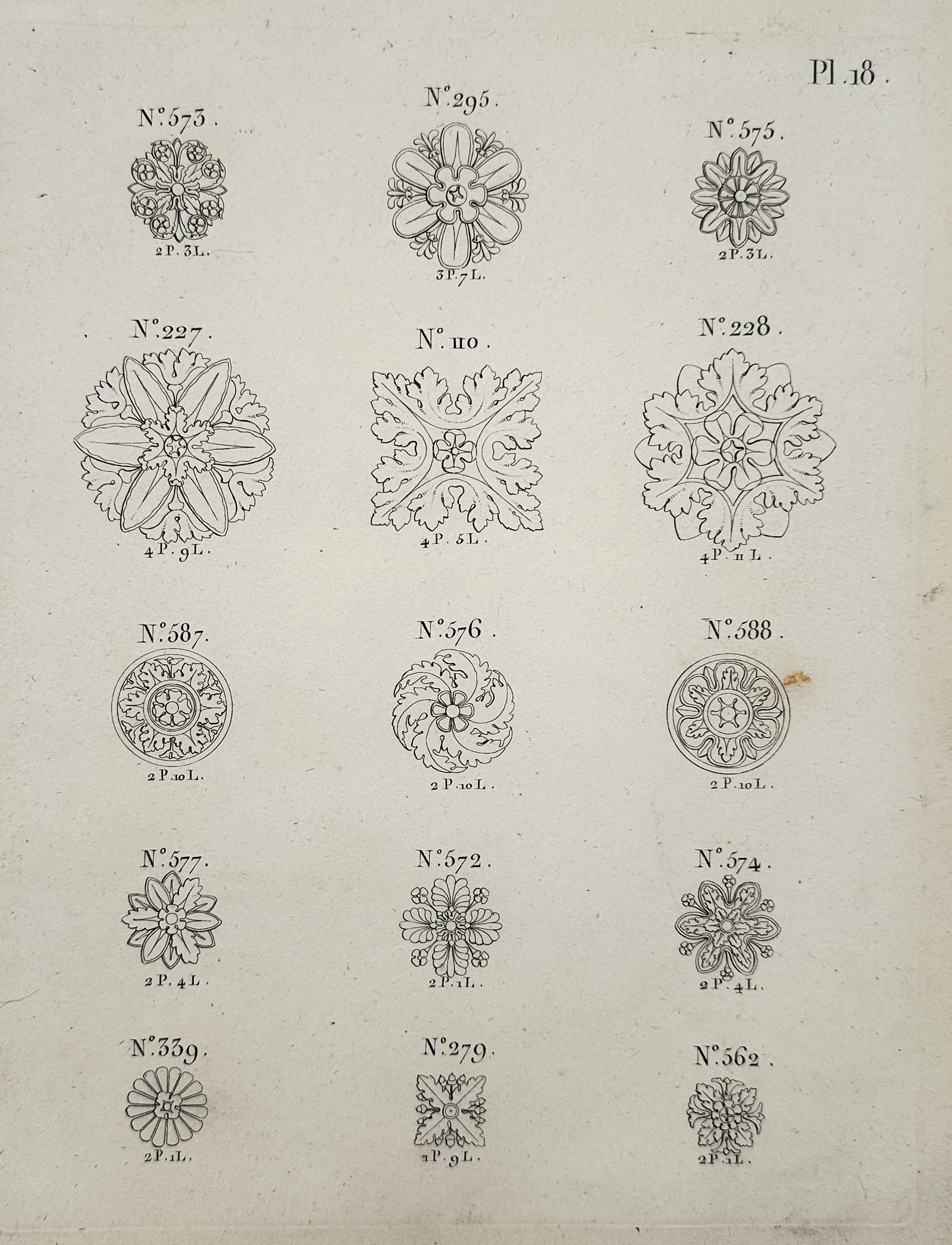 Joseph Beunat (active 1805–1830) – Rosette and Floral Architectural Ornaments – Engraving: This engraving depicts a selection of circular and square architectural ornaments, primarily featuring rosettes and acanthus leaf motifs intended for interior neoclassical decoration. The illustration