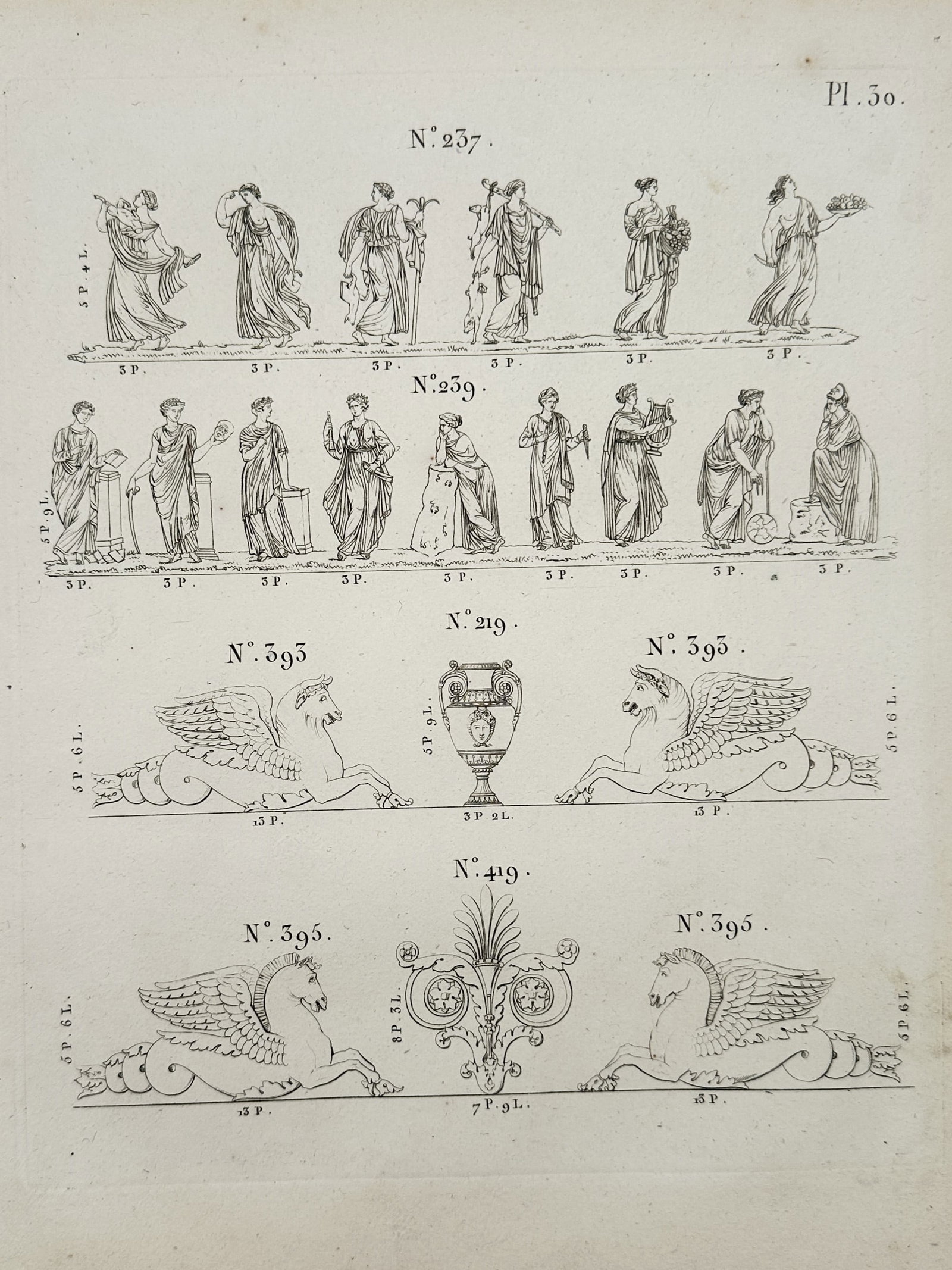 Joseph Beunat (active 1805–1830) – Figurative and Mythological Architectural Ornaments –: This engraving depicts a selection of neoclassical architectural ornaments, featuring various figurative and mythological motifs intended for interior decoration. The illustration presents two rows of