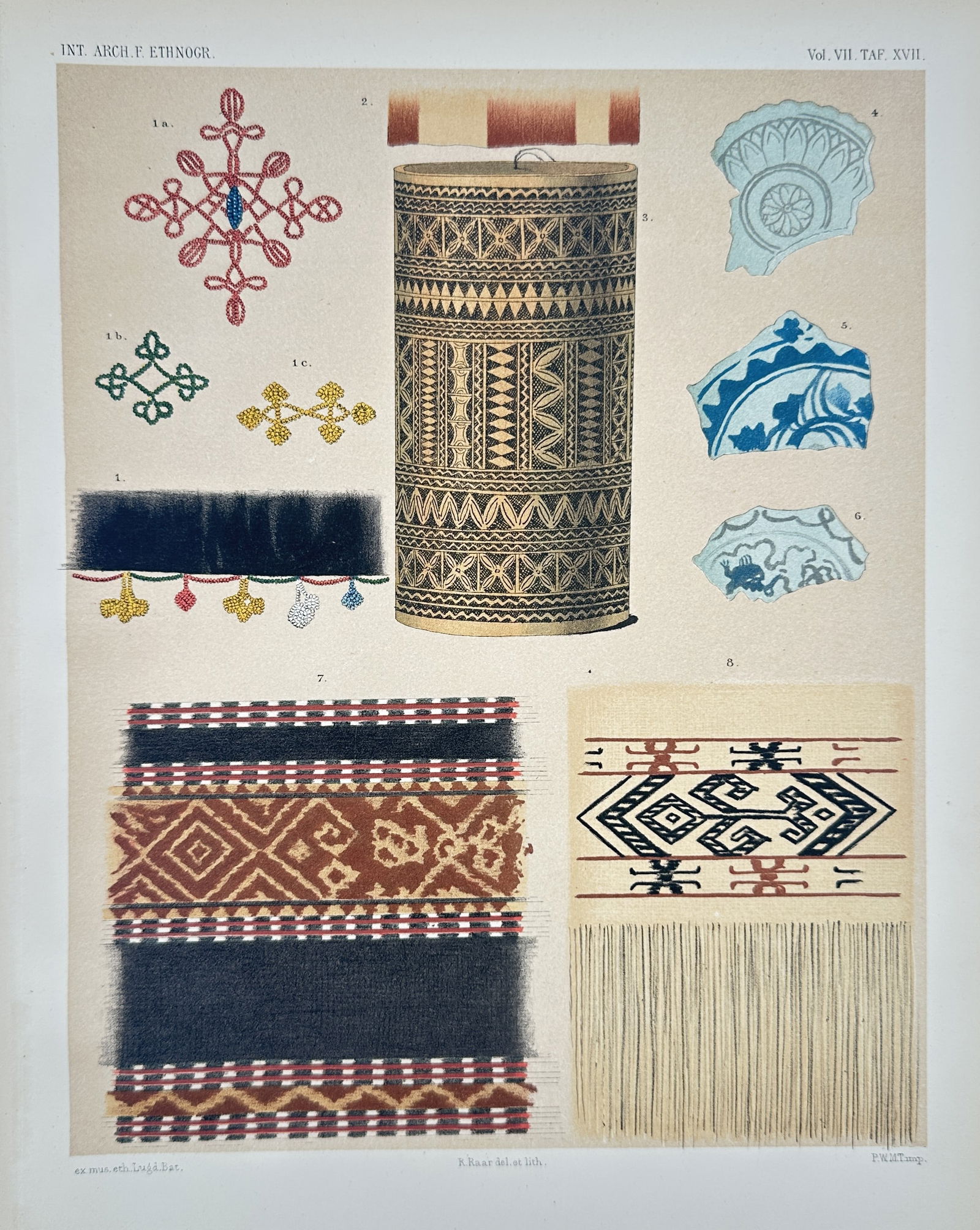 Pieter Willem Marinus Trap – Ceremonial Ornaments and Textiles – Lithograph (1894): This chromolithograph depicts a systematic arrangement of eight ethnographic items, including intricate beadwork, a decorated cylindrical container, and various textile fragments. The plate features t