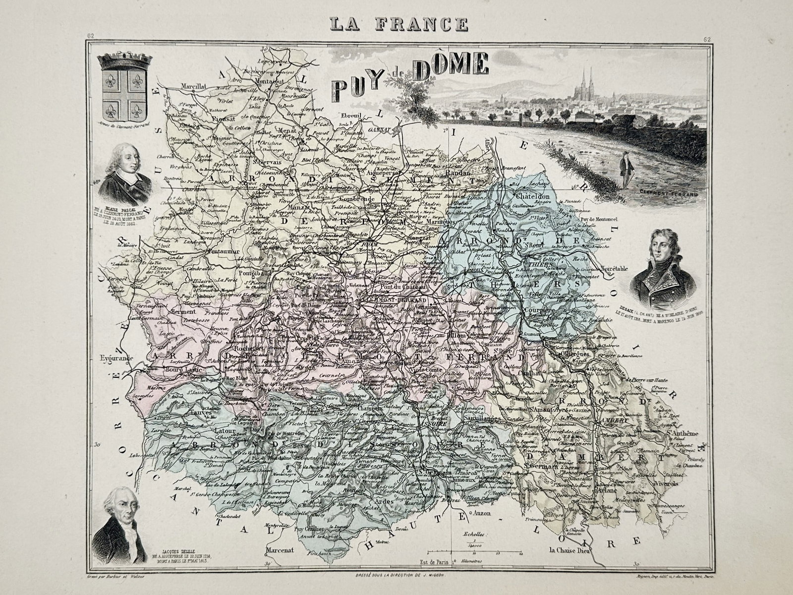 Alexandre Vuillemin – Map of Puy-de-Dôme, France – hand colored engraving (1850): This hand colored engraving features a detailed topographic map of the Puy-de-Dôme department in central France, with administrative regions highlighted in pastel blue, pink, green, and yellow washes
