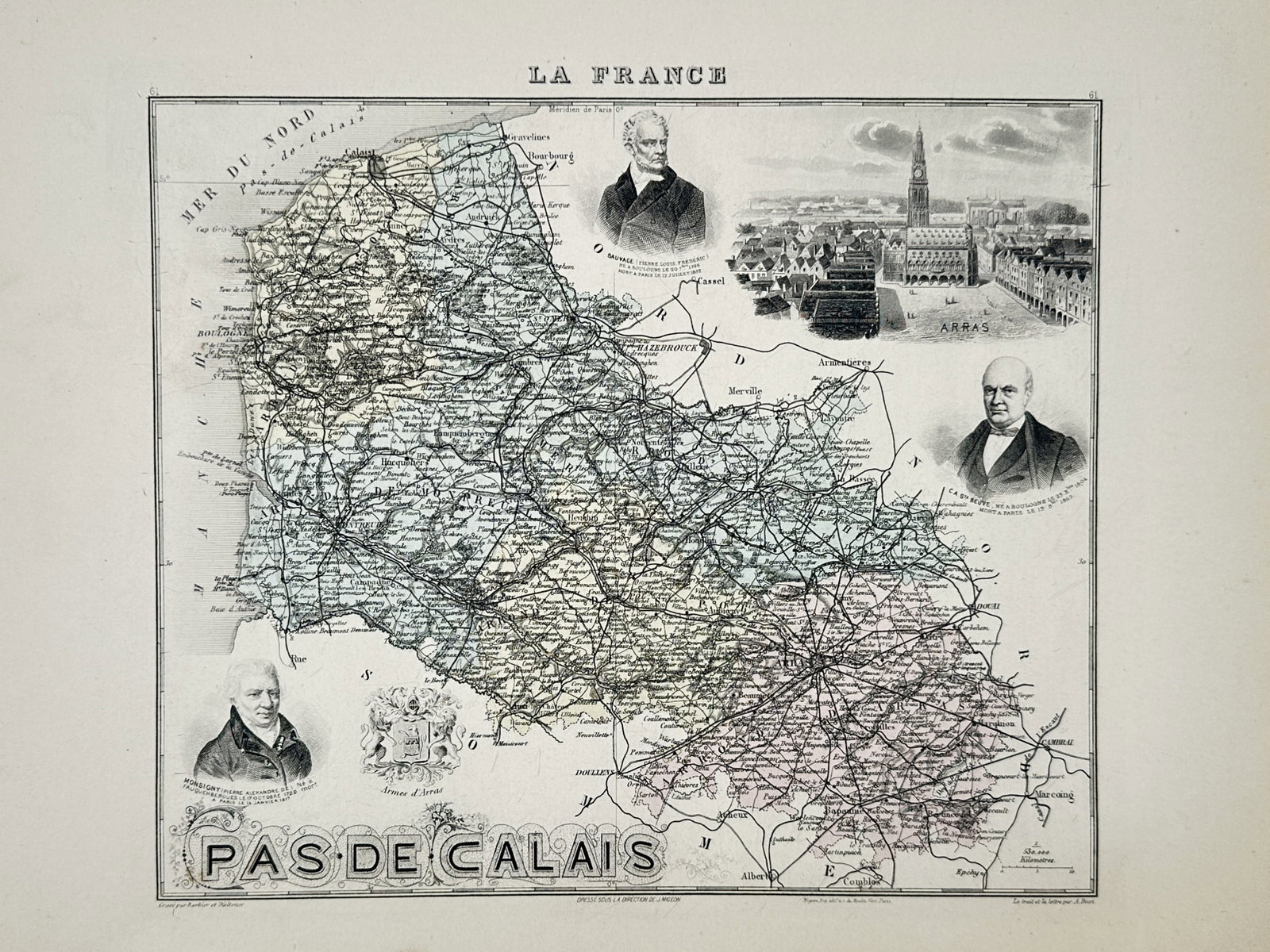 Alexandre Vuillemin – Map of Pas-de-Calais, France – hand colored engraving (1850): This hand colored engraving features a detailed topographic map of the Pas-de-Calais department in northern France, with administrative regions highlighted in pastel blue, pink, green, and yellow wash