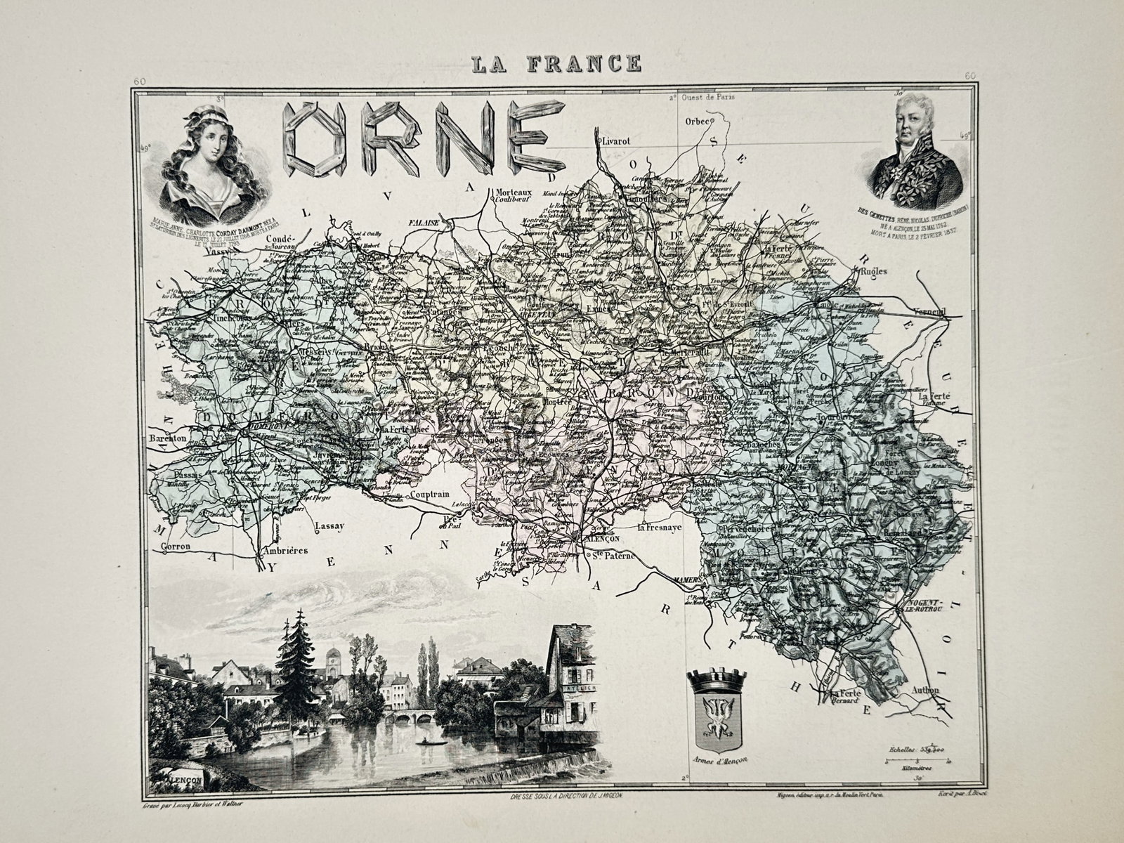 Alexandre Vuillemin – Map of Orne, France – hand colored engraving (1850): This hand colored engraving features a detailed topographic map of the Orne department in northwestern France, with administrative regions highlighted in pastel blue, pink, green, and yellow washes. T