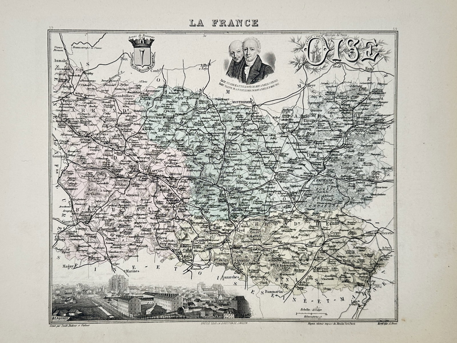 Alexandre Vuillemin – Map of Oise, France – hand colored engraving (1850): This hand colored engraving features a detailed topographic map of the Oise department in northern France, with administrative regions highlighted in pastel blue, pink, and green washes. The compositi