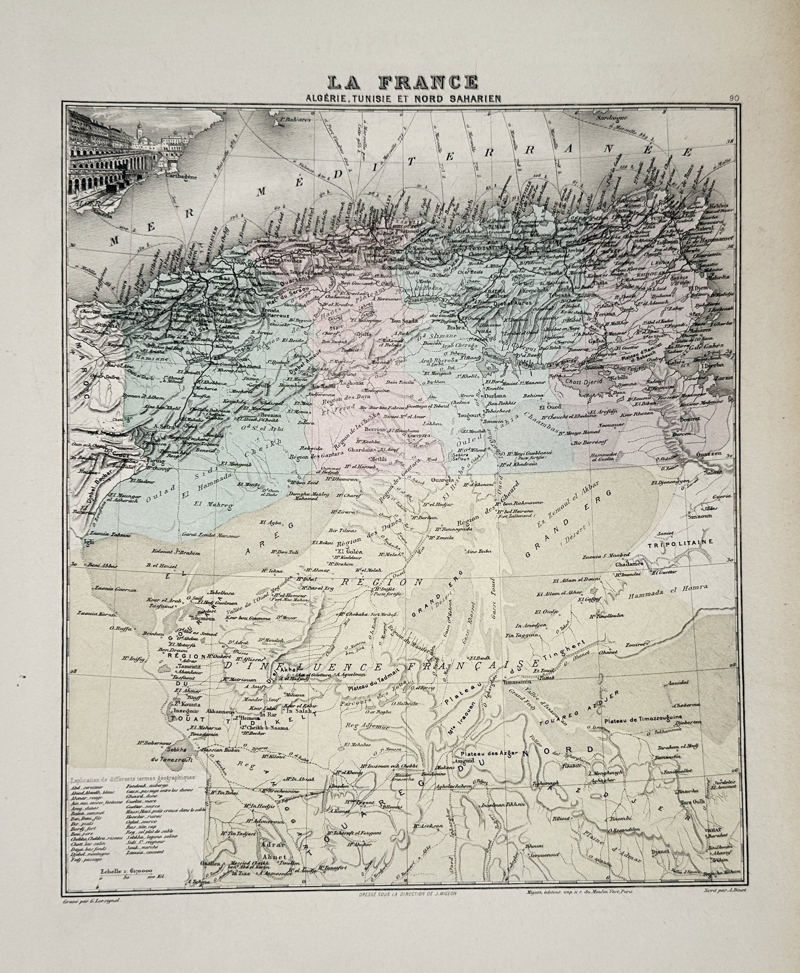 Alexandre Vuillemin – Map of Algeria, Tunisia and North Sahara – hand colored engraving (1850): This hand colored engraving features a detailed topographic map of French colonial territories in North Africa, including Algeria, Tunisia, and the northern Sahara region, with various provinces and d