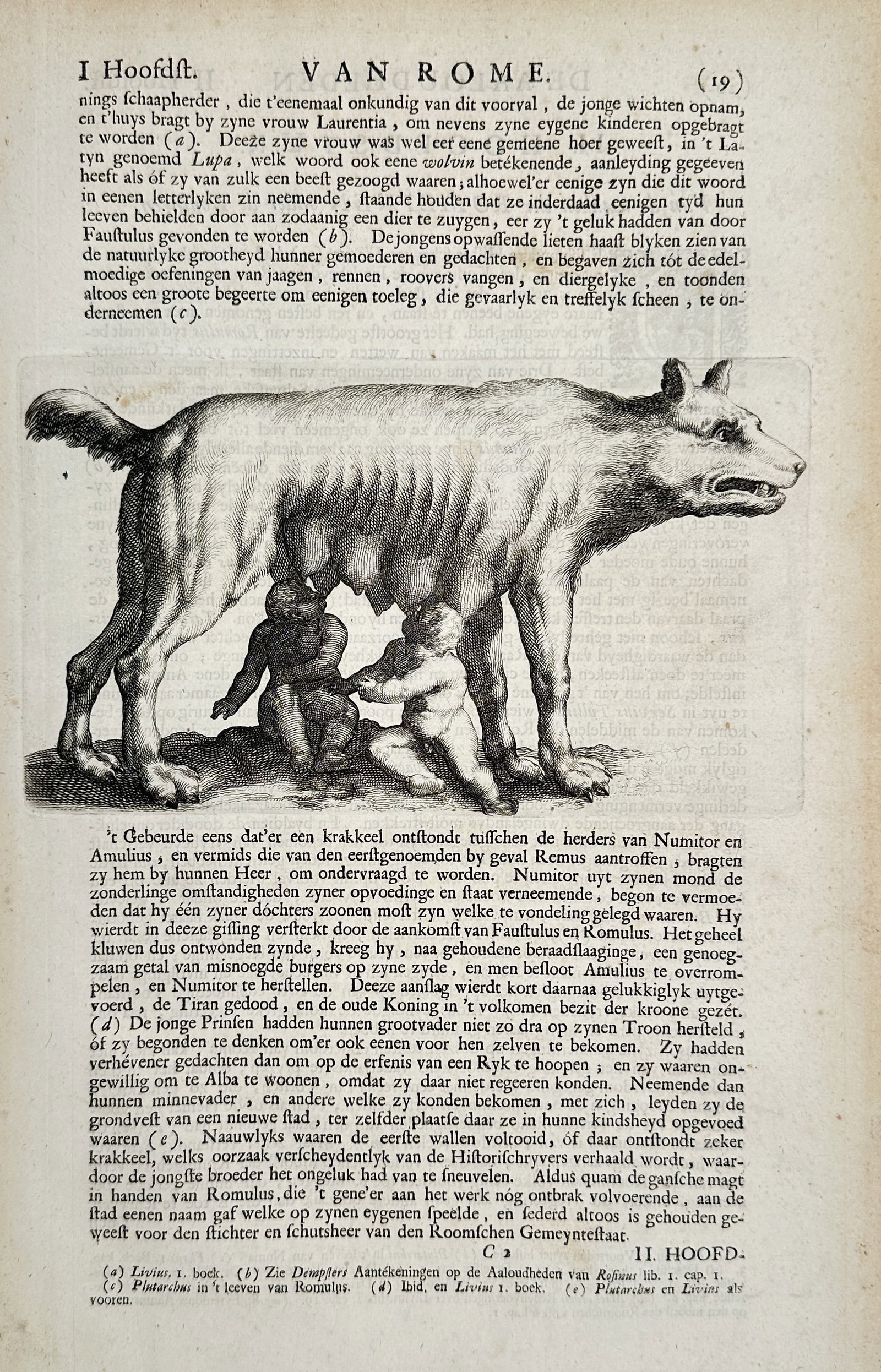 Jacob Cats (1577–1660) – Romulus and Remus with the She-Wolf – engraving (1700): This engraving depicts the foundation myth of Rome, showing the infant twins Romulus and Remus being suckled by a she-wolf beneath a tree. The central illustration is set within a page of Dutch text t
