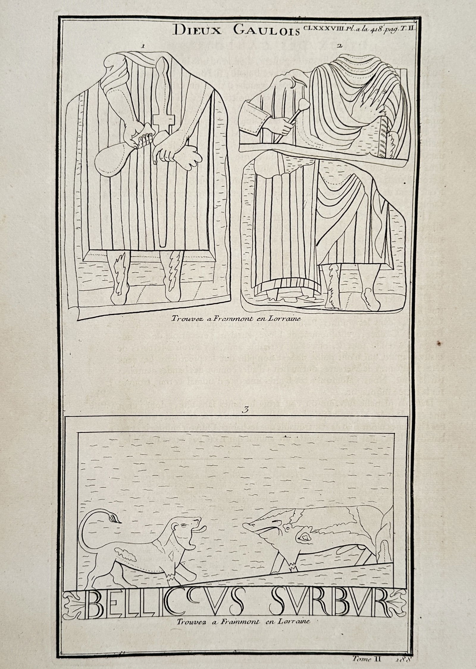 Bernard de Montfaucon – Gaulish Gods found at Freimont in Lorraine – engraving (1722) (1 of 2)