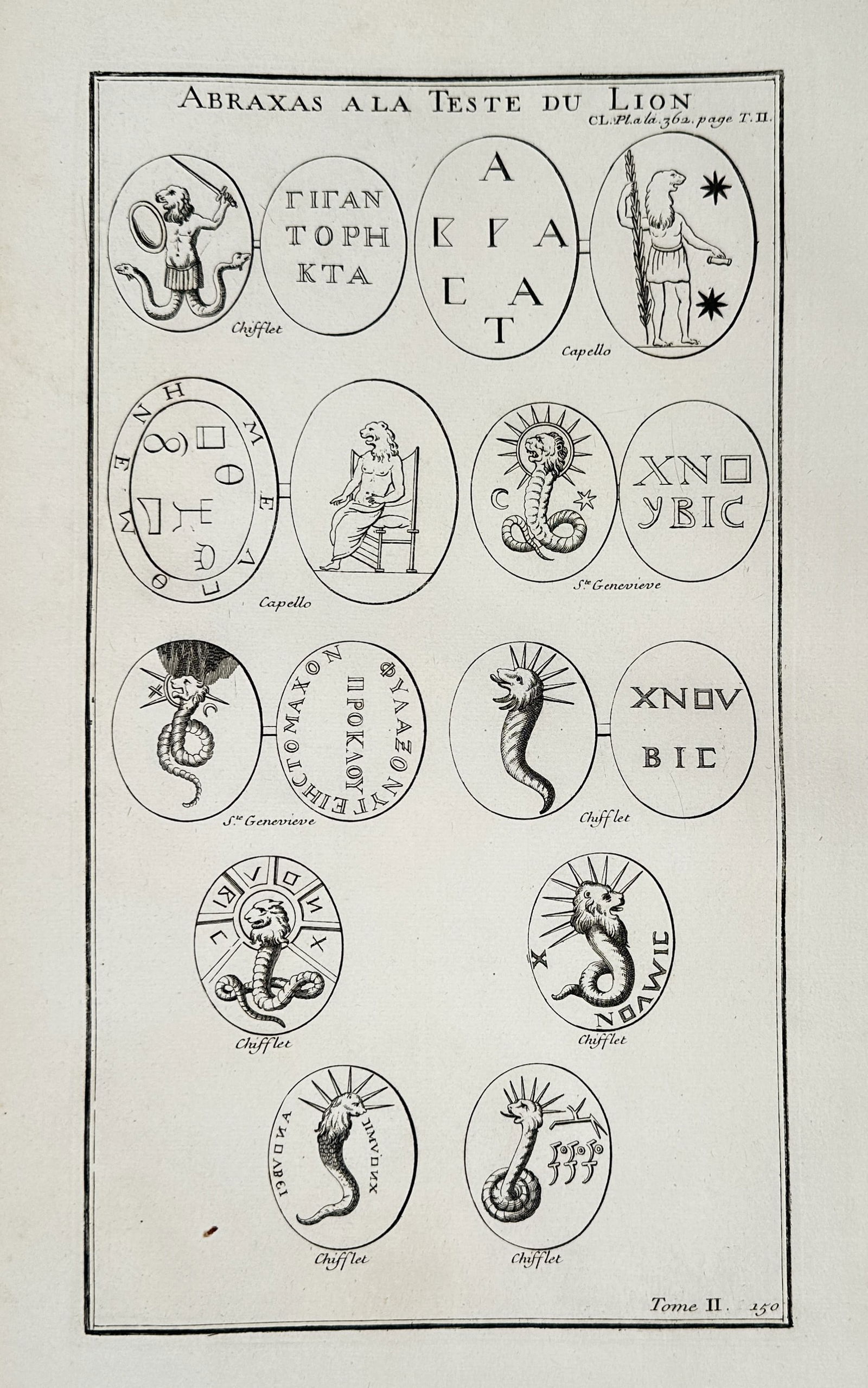 Bernard de Montfaucon – Archaeological Studies of Gnostic Amulets and Abraxas Gems – engraving (1 of 2)