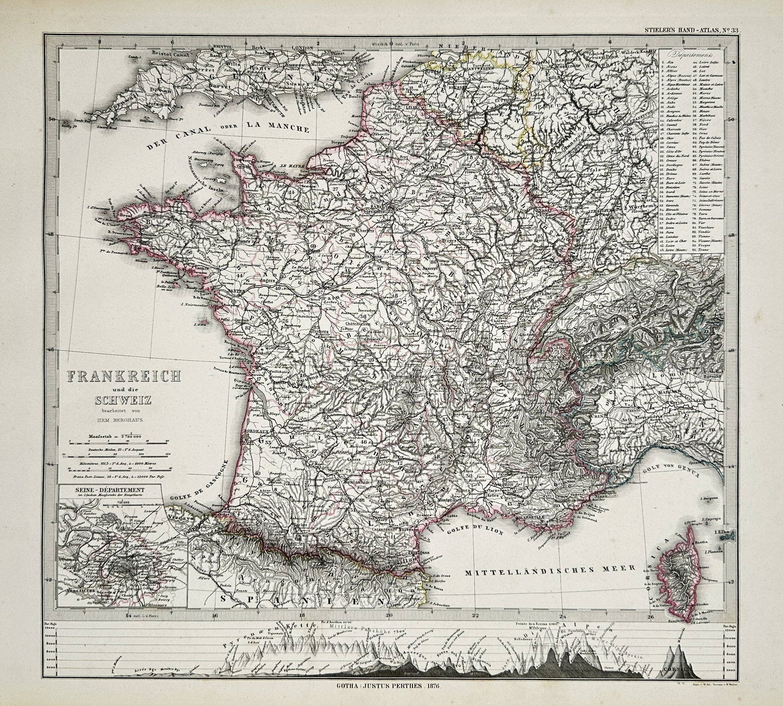 Adolf Stieler – Map of France and Switzerland – hand colored engraving (1875): This hand colored engraving features a comprehensive topographic map of France and Switzerland, with national borders and departmental boundaries delicately outlined in red and green washes. The compo