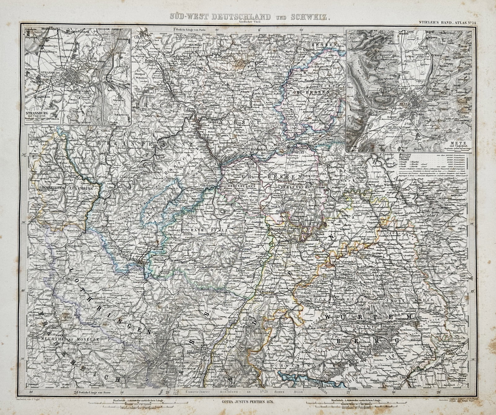 Adolf Stieler – Map of Southwest Germany and Switzerland – hand colored engraving (1875): This hand colored engraving features a detailed topographic map of Southwest Germany and Switzerland, with regional and national borders highlighted in delicate pink, yellow, and green washes. The com