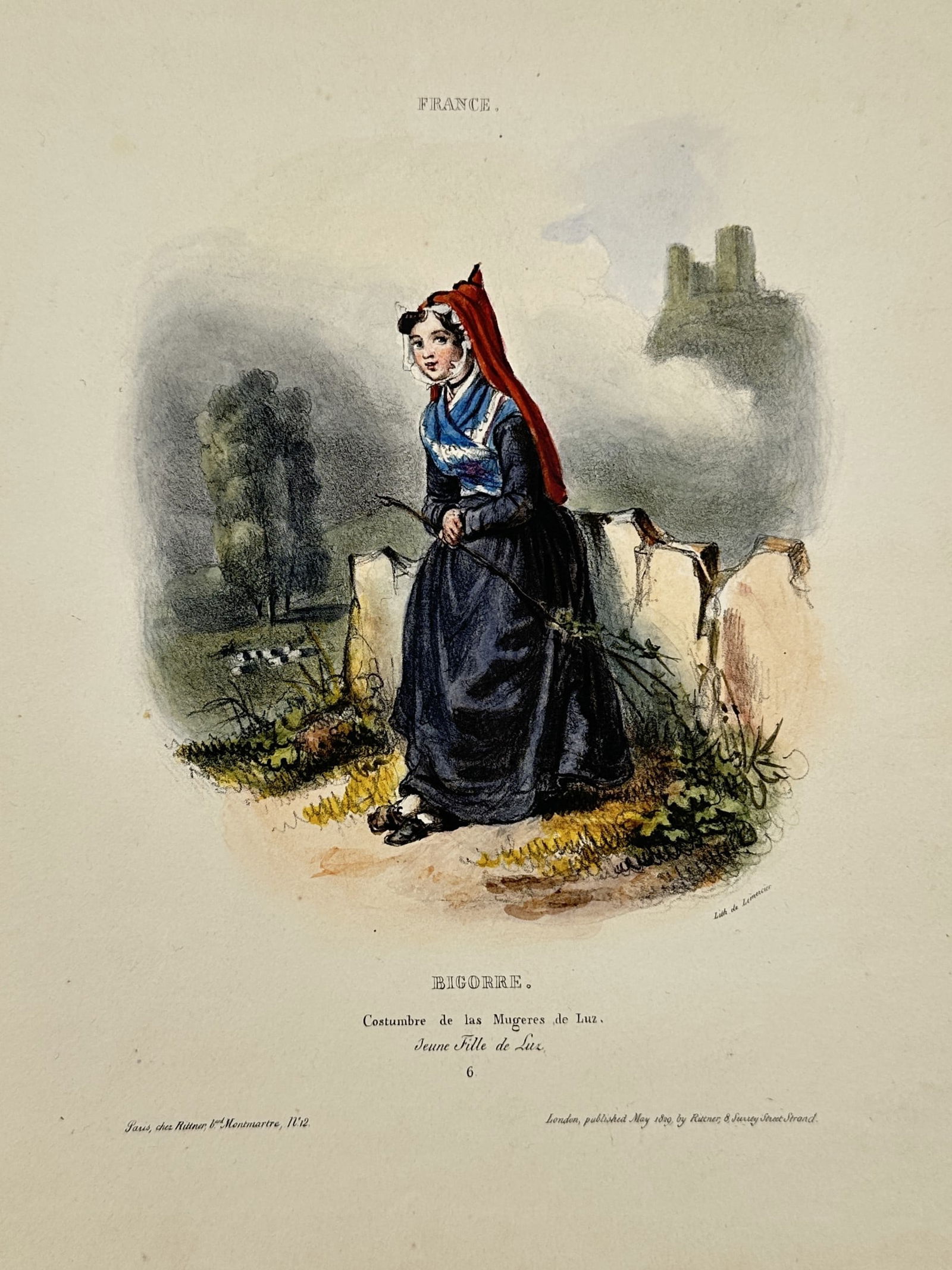 Paul Gavarni (1804–1866) – Young Woman from Luz in the Bigorre Region of France: This illustration depicts a young woman dressed in the traditional nineteenth-century costume of the Bigorre region in the French Pyrenees. She is seated on a stone wall, wearing a long dark dress pai