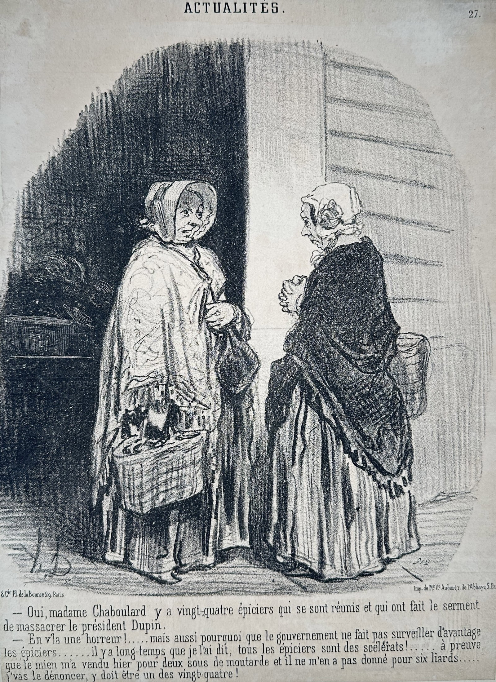 Honoré Daumier (1808–1879), after – The Twenty-Four Grocers – Offset print (20th Century): This satirical illustration depicts a humorous exchange between two elderly women on a Parisian street, one of whom carries a large basket. The accompanying text in French narrates a gossipy conversat