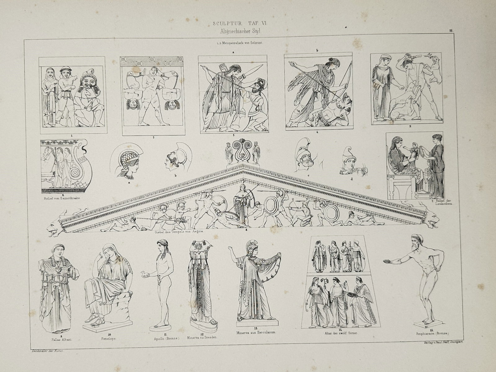Paul Neff (19th Century) – Representation of Polychromy on a Doric Temple – Chromolithograph: This architectural illustration provides a vivid reconstruction of a Doric temple entablature, demonstrating the nineteenth-century scholarly theory of polychromy in ancient Greece. Unlike the plain w