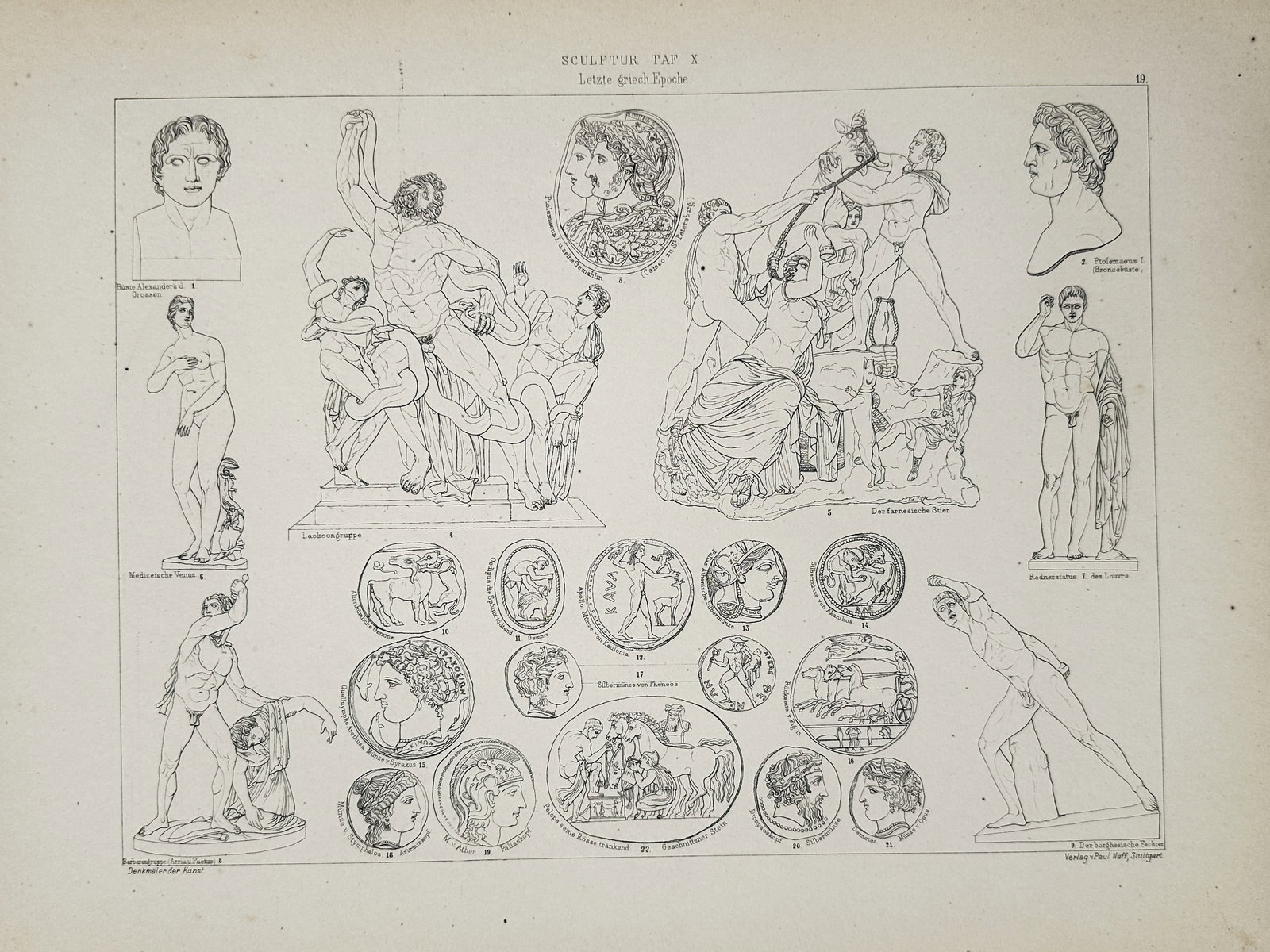 Paul Neff – Greek Sculpture from the Second Classical Period – Engraving (1879): This architectural and sculptural plate presents a comprehensive survey of significant artworks from the high classical era of ancient Greece, often referred to as the second flowering of Hellenic art