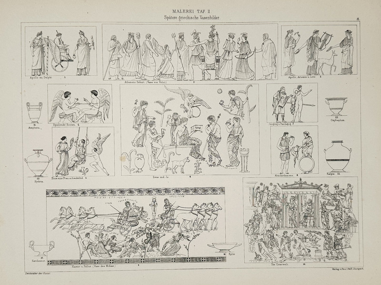 Paul Neff – Classical Era of Ancient Greece – Engraving (1879): This architectural and sculptural plate presents a comprehensive survey of significant artworks from the high classical era of ancient Greece, often referred to as the second flowering of Hellenic art