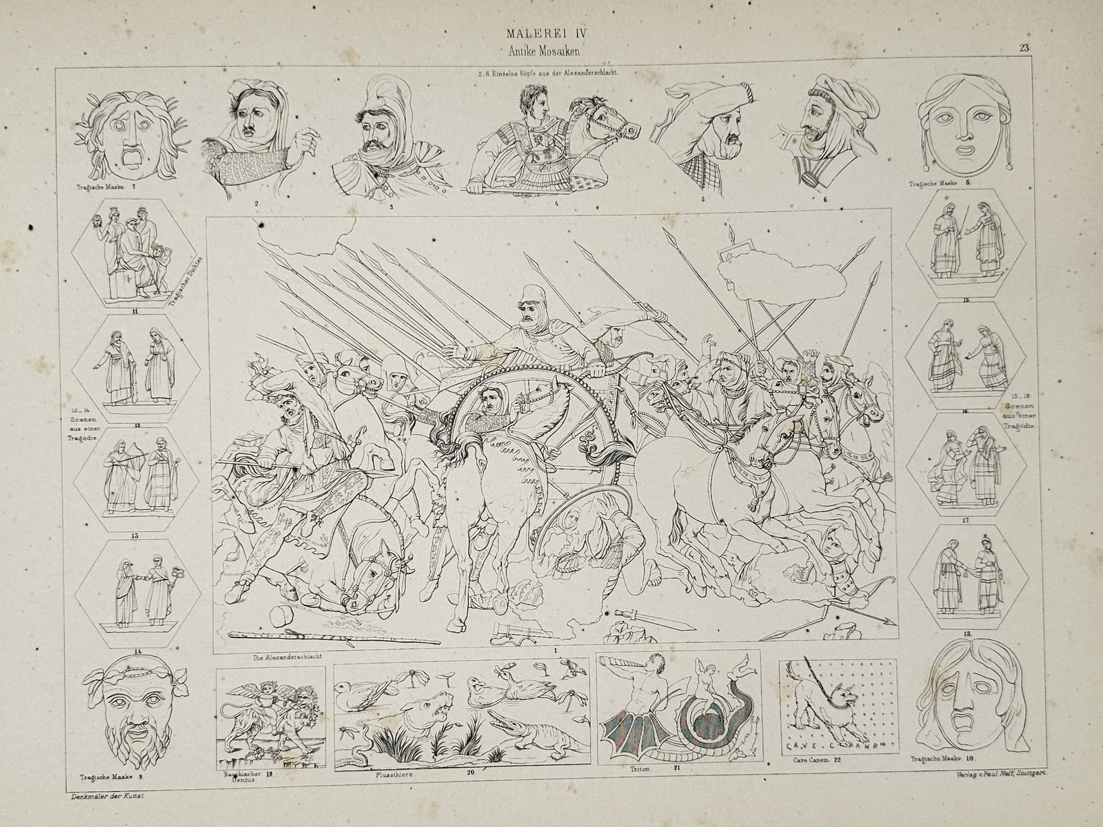 Paul Neff – Study of Greek Sculpture from the Second Classical Period – Engraving (1879): This architectural and sculptural plate presents a comprehensive survey of significant artworks from the high classical era of ancient Greece, often referred to as the second flowering of Hellenic art
