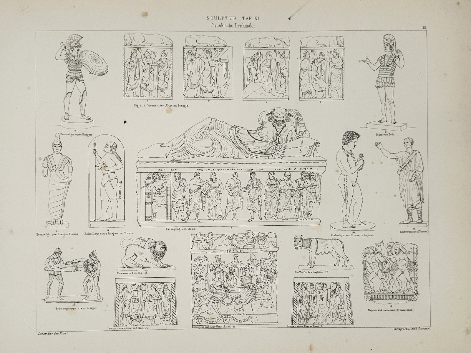 Paul Neff – Study of Etruscan Monuments and Artifacts – Engraving (1879): This architectural and sculptural plate presents a comprehensive survey of significant artistic remains from the Etruscan civilization in ancient Italy. The composition features a variety of archaeolo