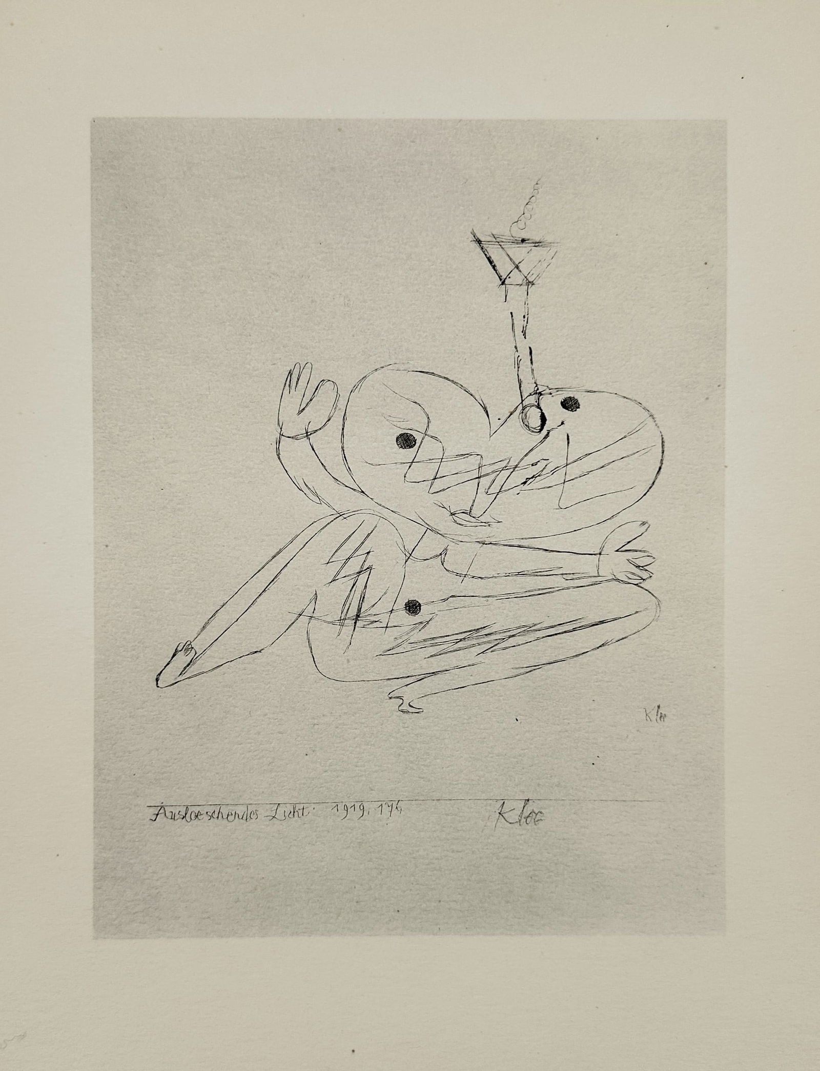 Paul Klee (1879–1940), after – Blowing Out a Candle – Offset print (20th Century): This expressionist illustration depicts a simplified, abstract figure composed of fluid, overlapping lines and circular forms. The character is shown in a dynamic, crouching pose with arms outstretche