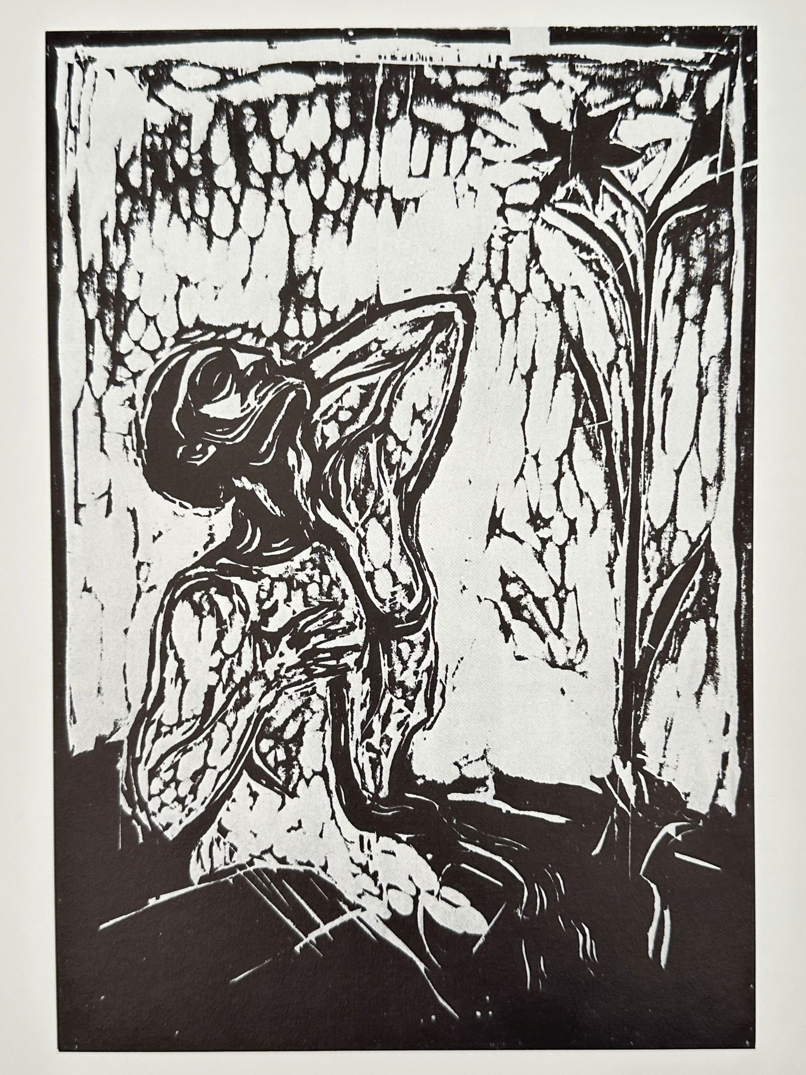 Edvard Munch (1863–1944), after – Man Praying – Offset print (20th Century): This expressionist illustration depicts a kneeling male figure in a state of intense spiritual or psychological distress, positioned before a tall, stylized lily. The composition is defined by raw, ja