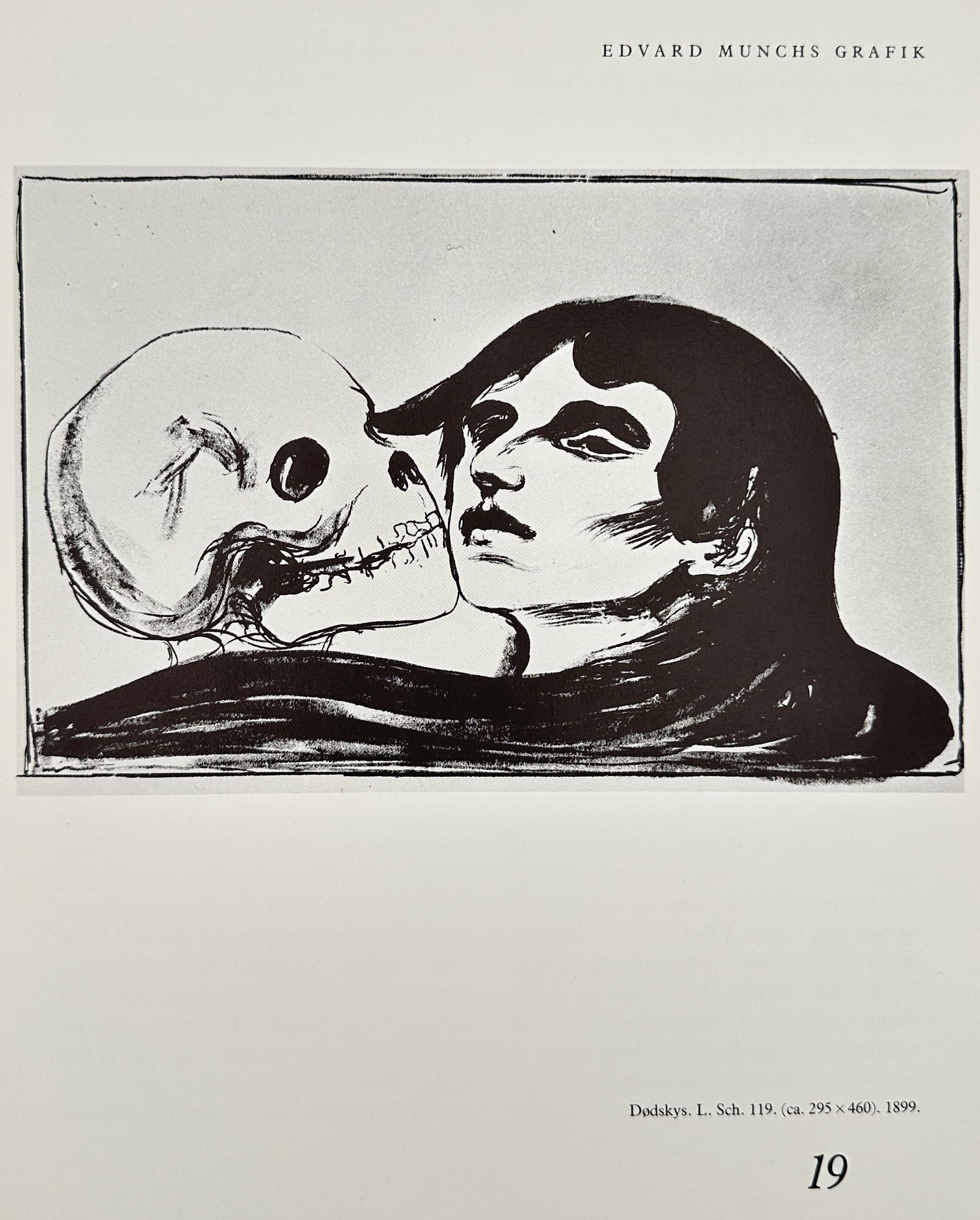 Edvard Munch (1863–1944), after – Death and the Maiden – Offset print (20th Century): This expressionist illustration depicts a young woman with long dark hair locked in an intimate embrace with a skeletal figure of death. The composition utilizes a stark horizontal format and raw, hea