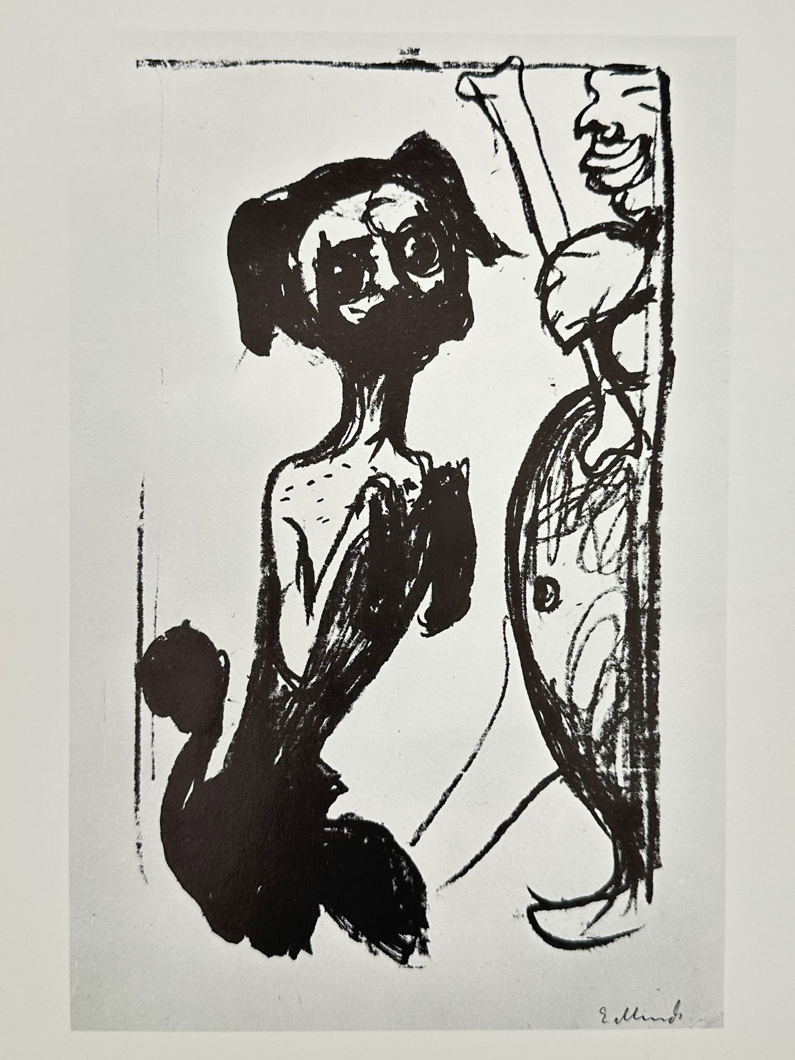 Edvard Munch (1863–1944), after – Harpy – Offset print (20th Century): This expressionist illustration depicts a monstrous hybrid creature with the body of a bird and the head of a woman, characterized by large, dark eyes and a skeletal torso. The figure is shown in a pr