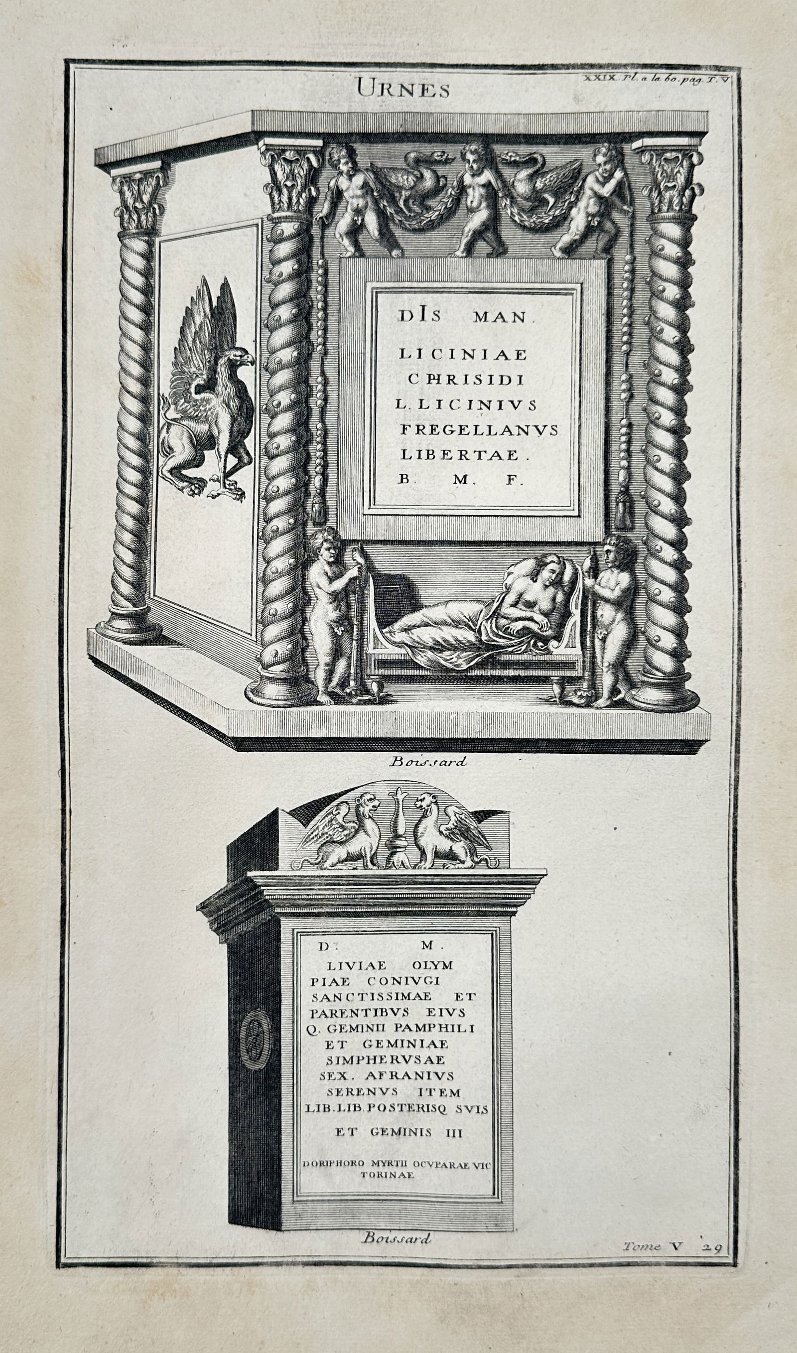 Bernard de Montfaucon (1655–1741) – Urnes – Illustration (1722): This set of illustrations depicts several elaborate Roman funerary monuments and cinerary urns, showcasing the intricate classical architectural and symbolic motifs used in ancient burial rites. The f